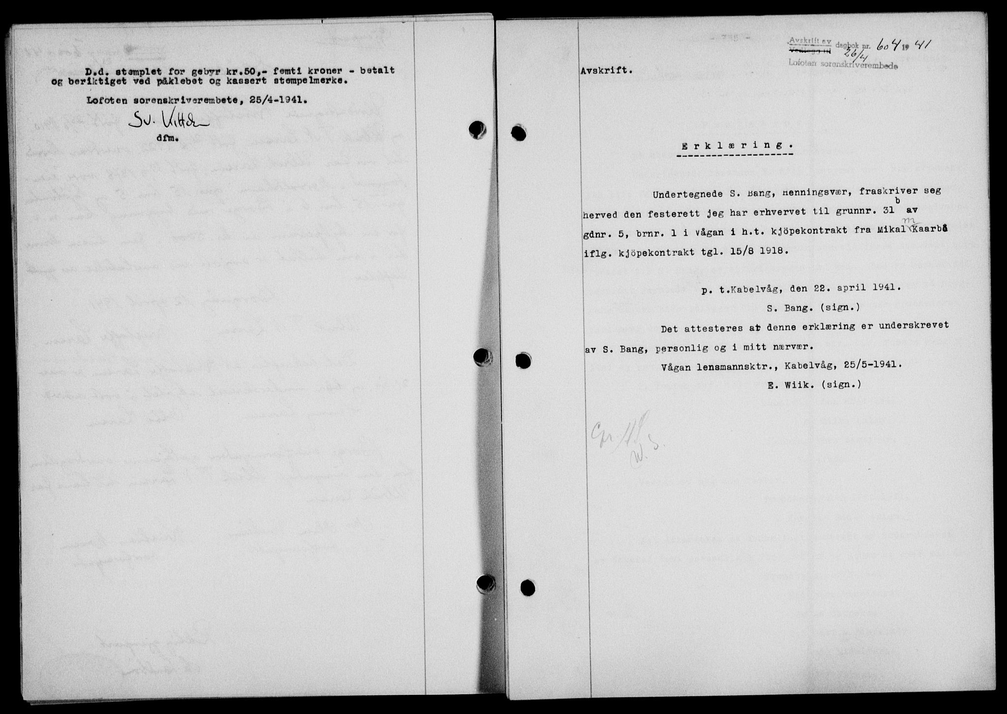 Lofoten sorenskriveri, SAT/A-0017/1/2/2C/L0008a: Mortgage book no. 8a, 1940-1941, Diary no: : 604/1941