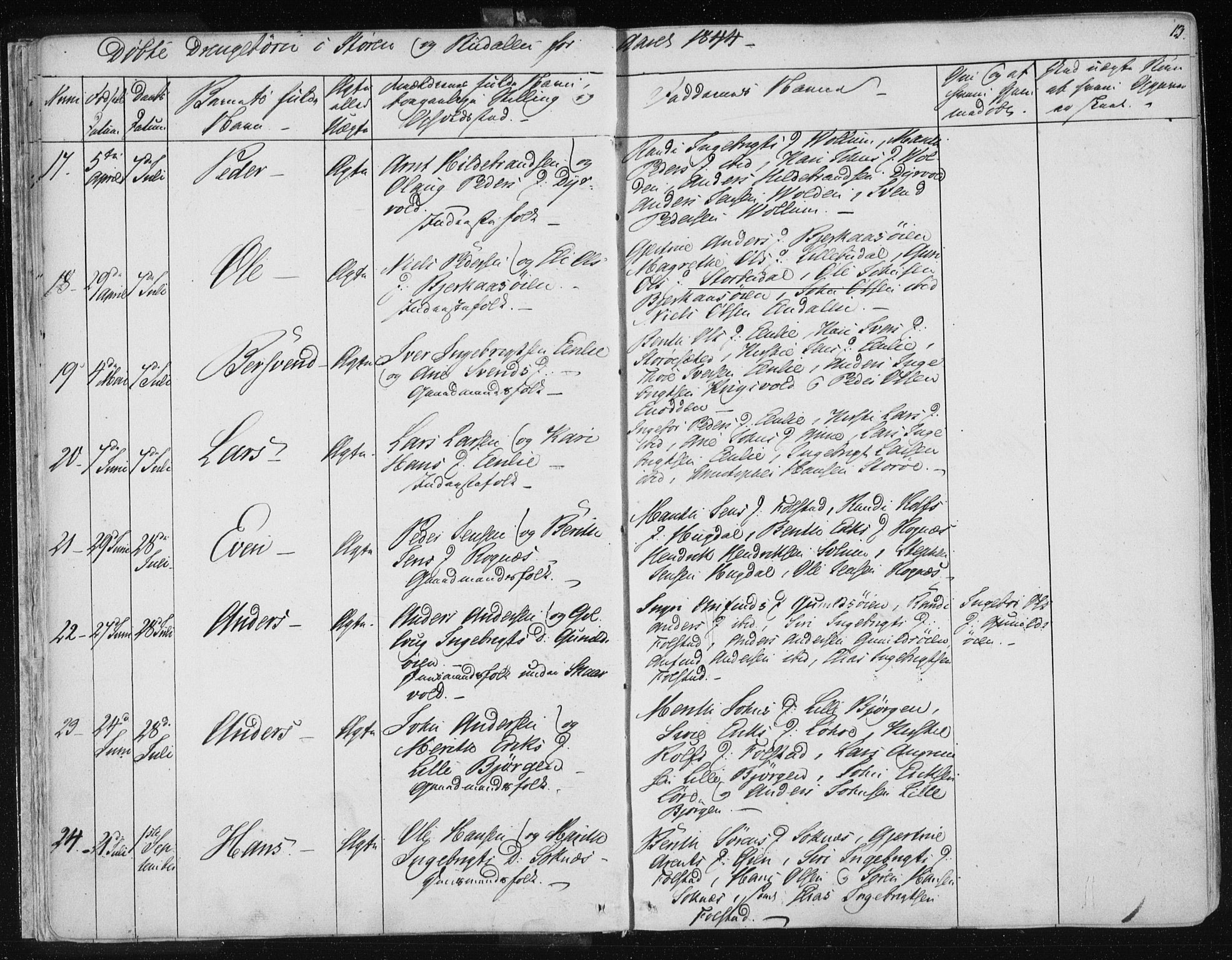 Ministerialprotokoller, klokkerbøker og fødselsregistre - Sør-Trøndelag, SAT/A-1456/687/L0997: Parish register (official) no. 687A05 /1, 1843-1848, p. 13