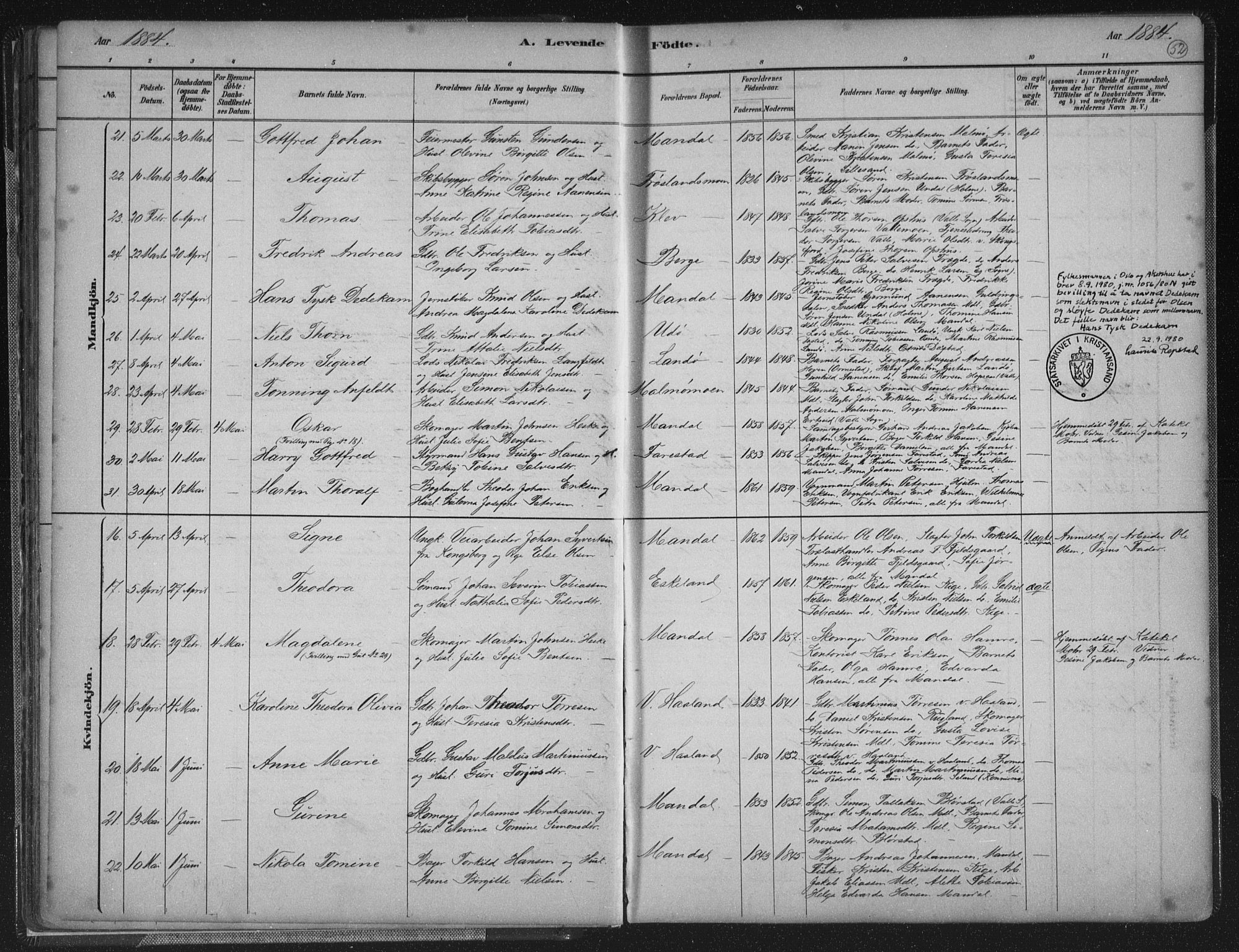 Mandal sokneprestkontor, SAK/1111-0030/F/Fb/Fba/L0011: Parish register (copy) no. B 5, 1880-1898, p. 52