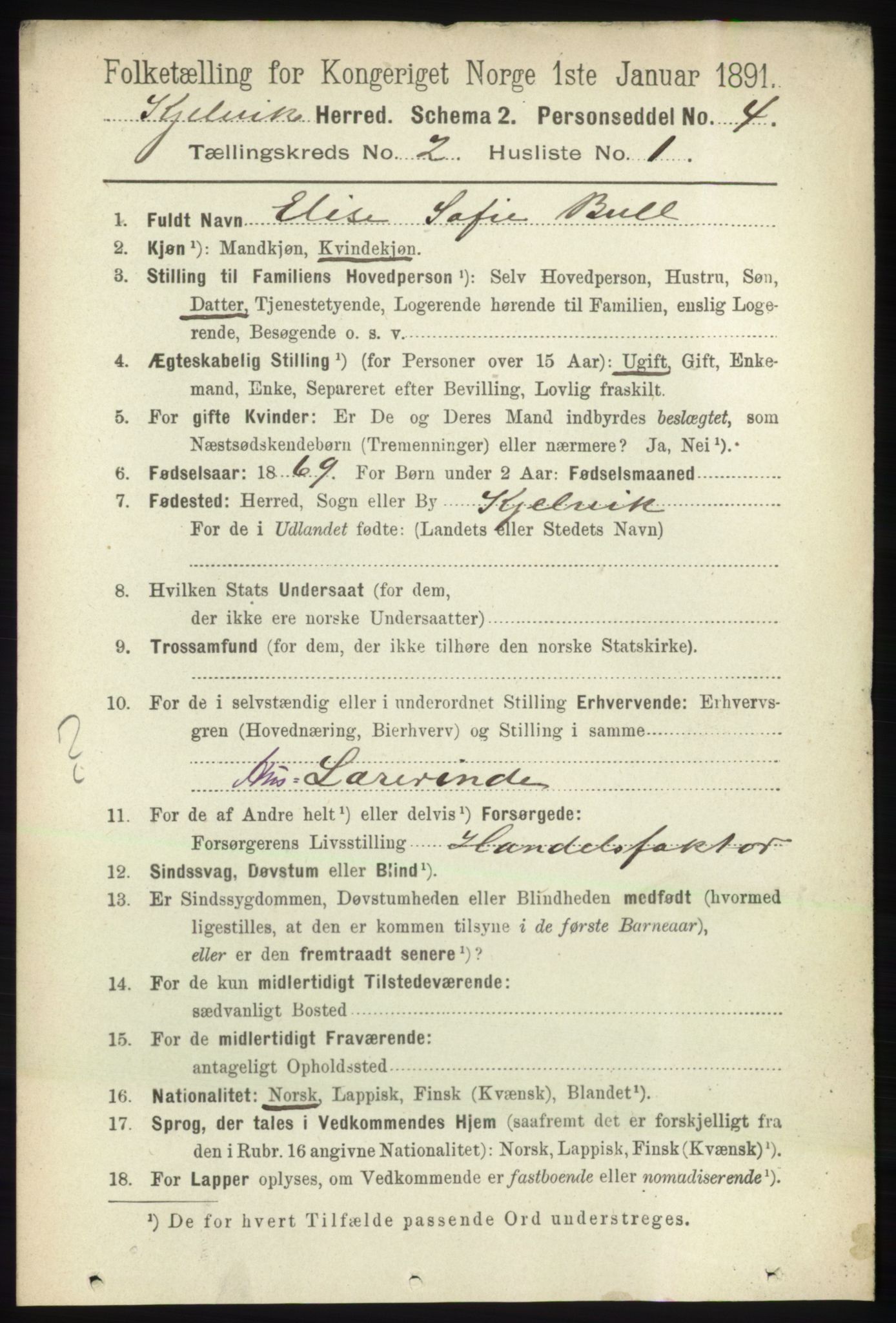 RA, 1891 census for 2019 Kjelvik, 1891, p. 105