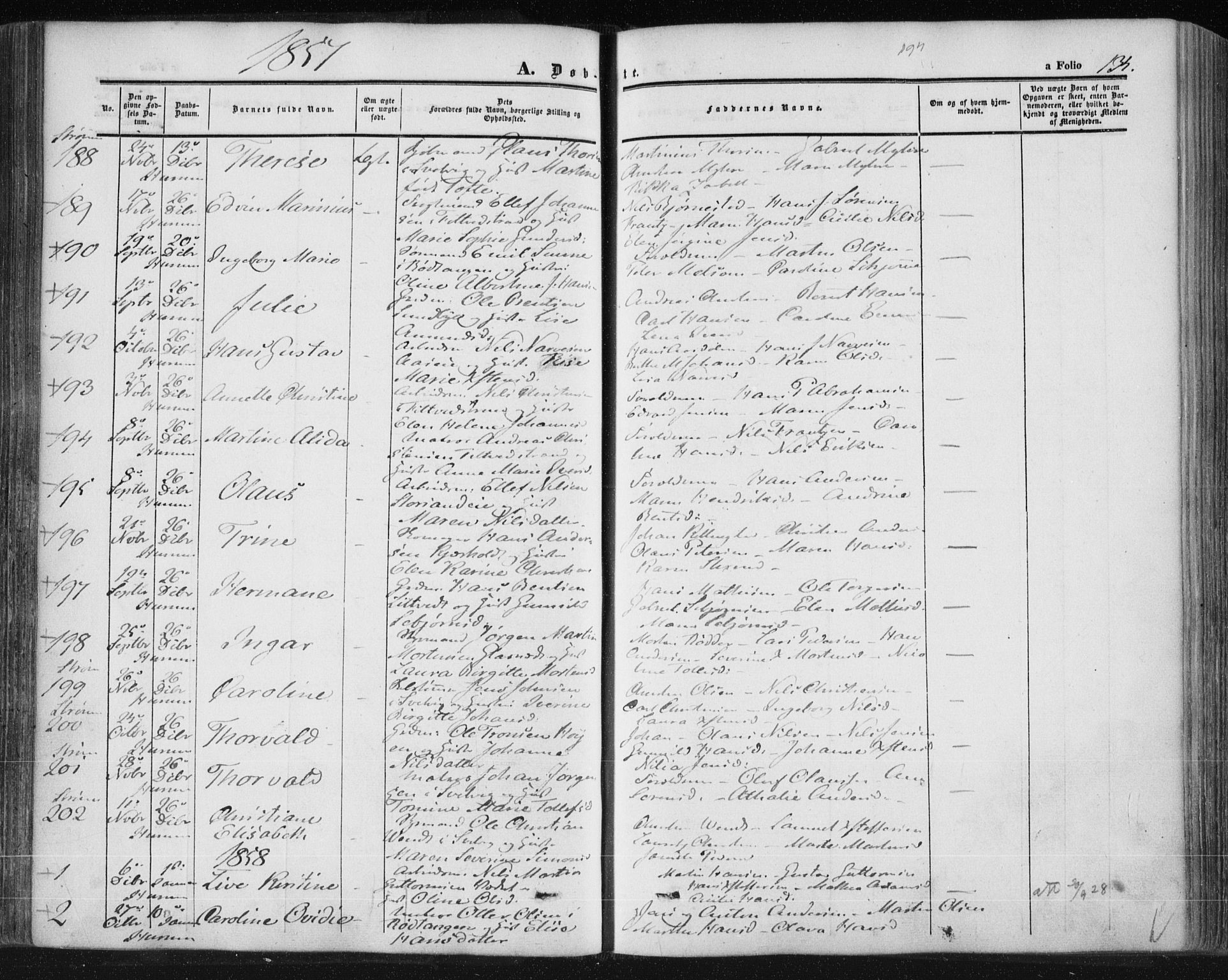Hurum kirkebøker, SAKO/A-229/F/Fa/L0011: Parish register (official) no. 11, 1847-1860, p. 134