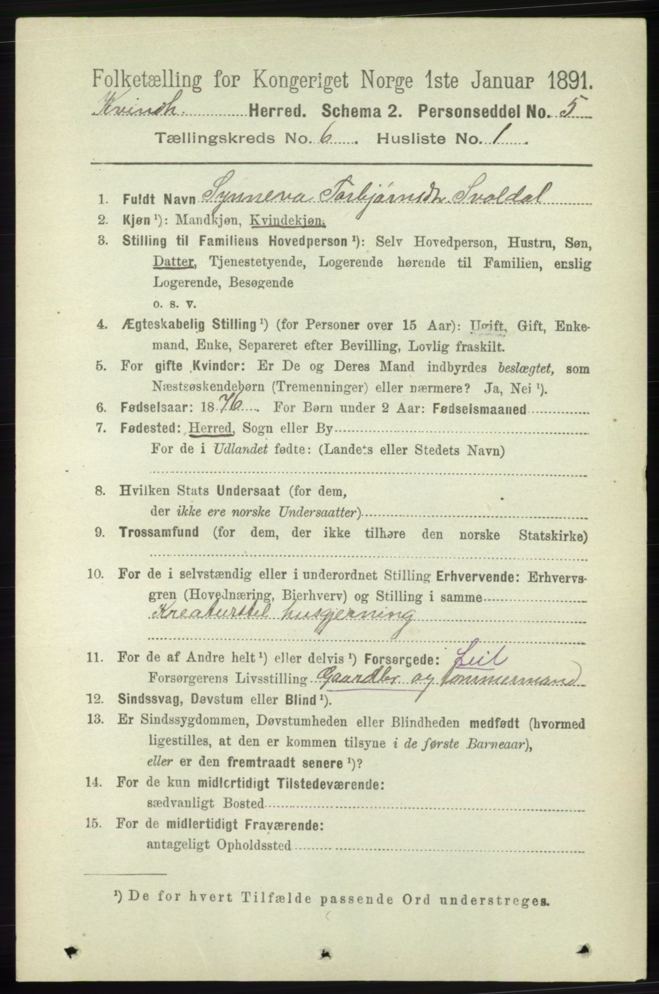 RA, 1891 census for 1224 Kvinnherad, 1891, p. 2125