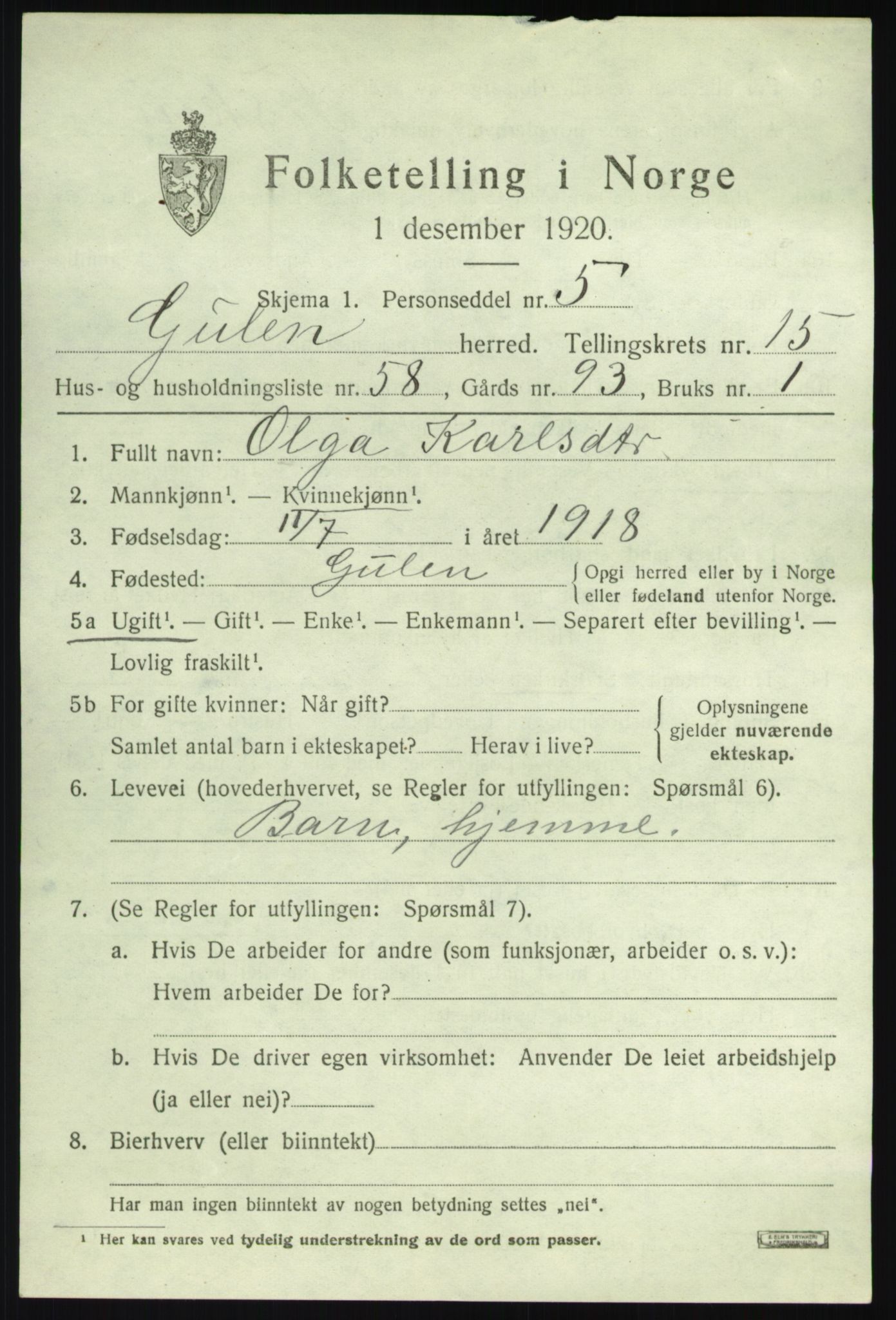 SAB, 1920 census for Gulen, 1920, p. 7157