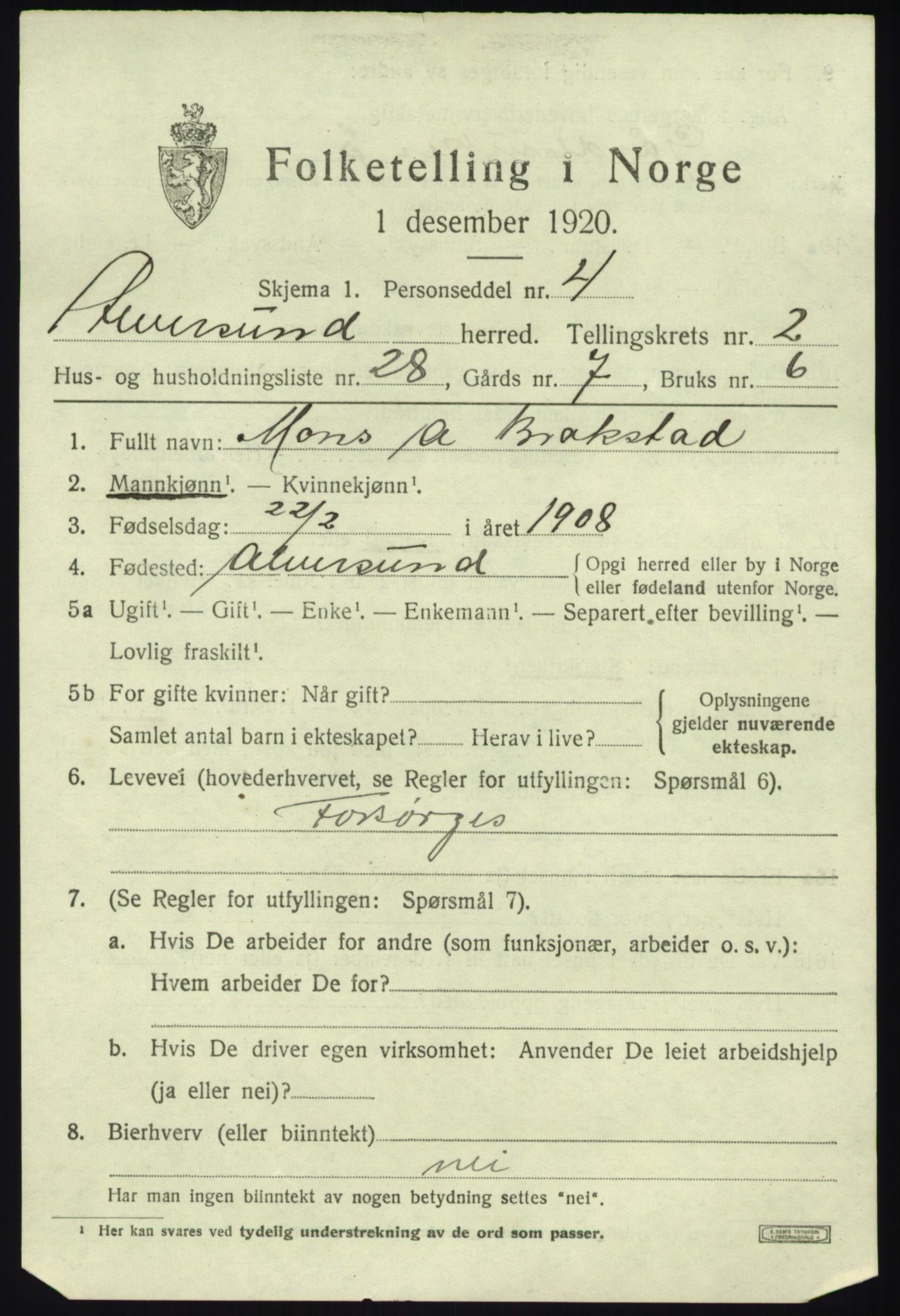 SAB, 1920 census for Alversund, 1920, p. 2010