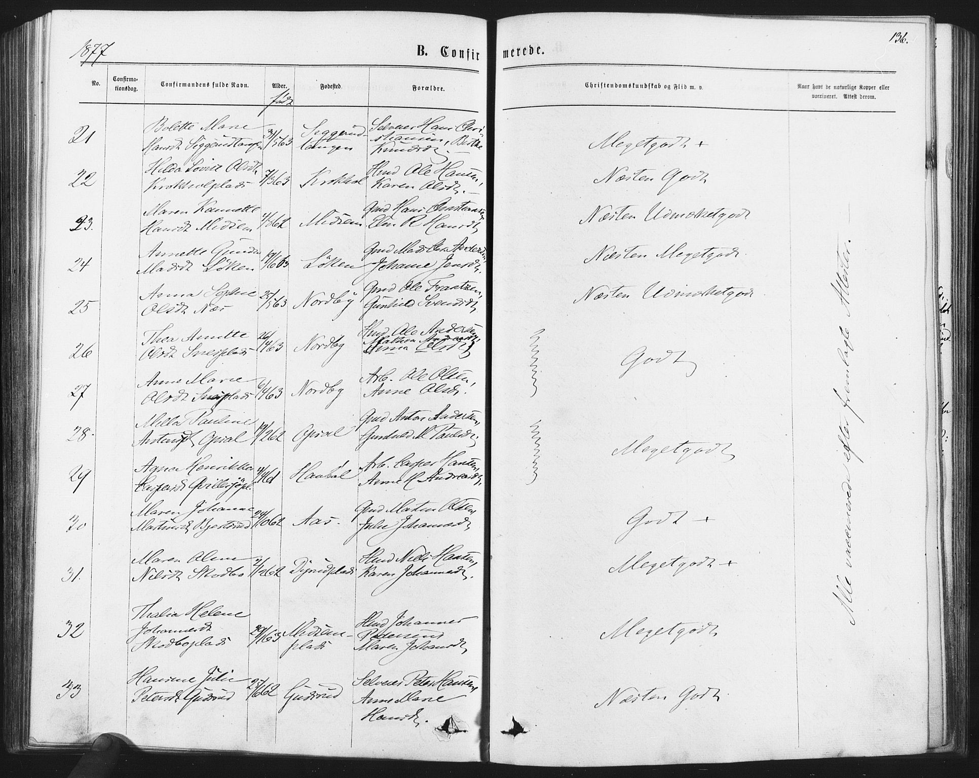 Kråkstad prestekontor Kirkebøker, AV/SAO-A-10125a/F/Fa/L0008: Parish register (official) no. I 8, 1870-1879, p. 136