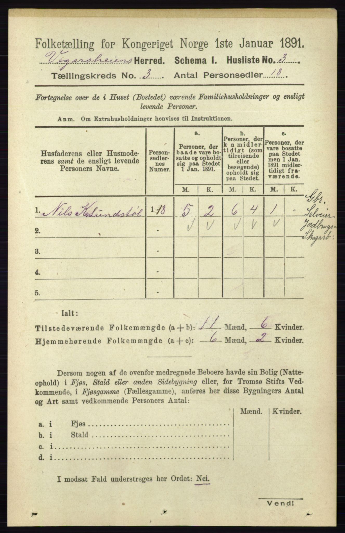 RA, 1891 census for 0912 Vegårshei, 1891, p. 605