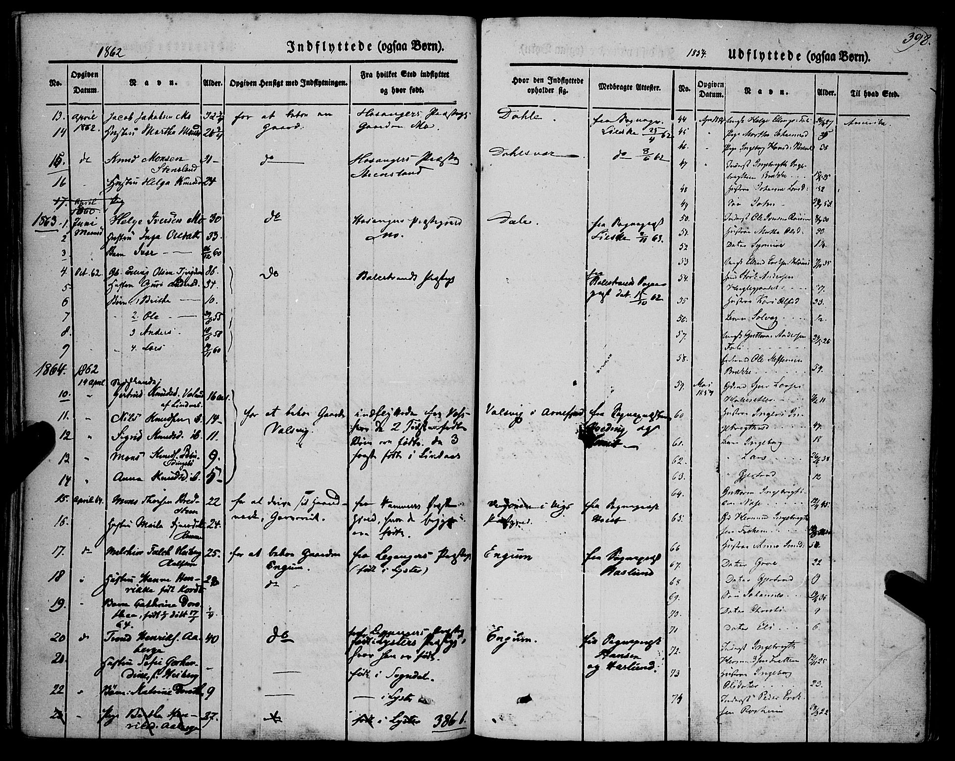 Vik sokneprestembete, SAB/A-81501: Parish register (official) no. A 8, 1846-1865, p. 398