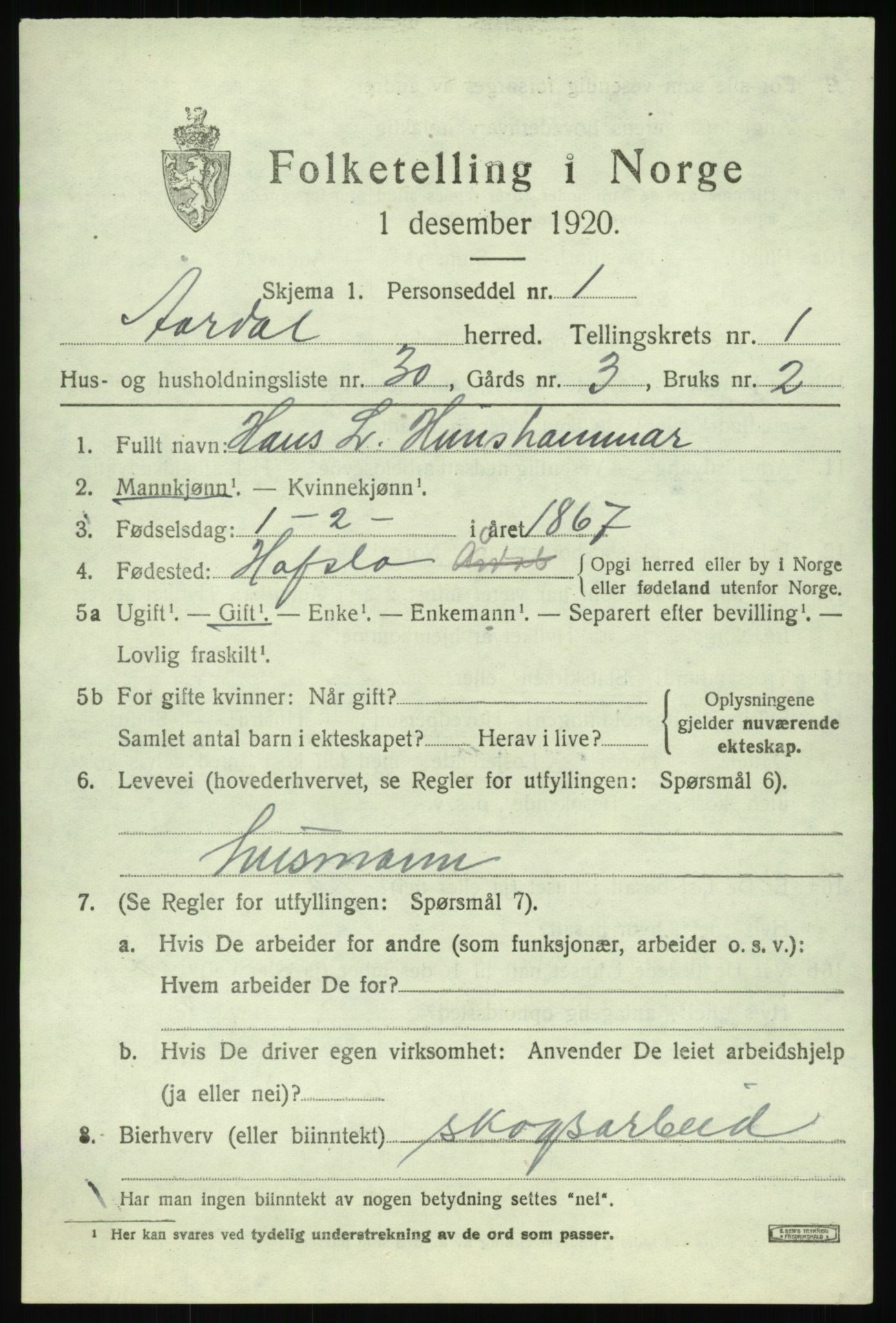 SAB, 1920 census for Årdal, 1920, p. 851