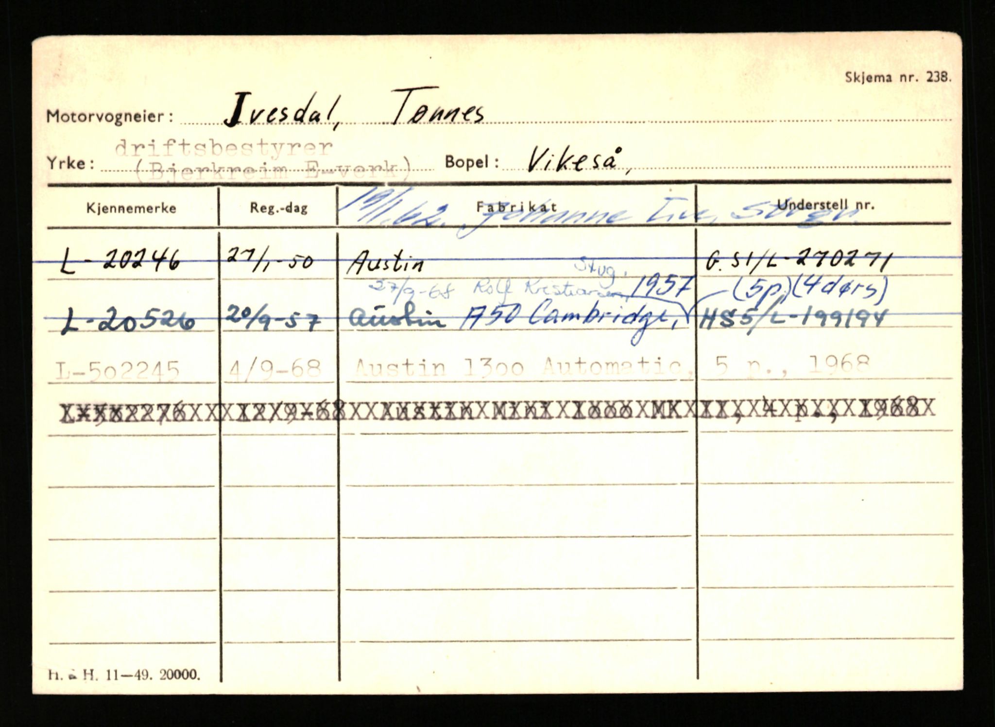 Stavanger trafikkstasjon, SAST/A-101942/0/H/L0018: Isbrekken - Jonas, 1930-1971, p. 291