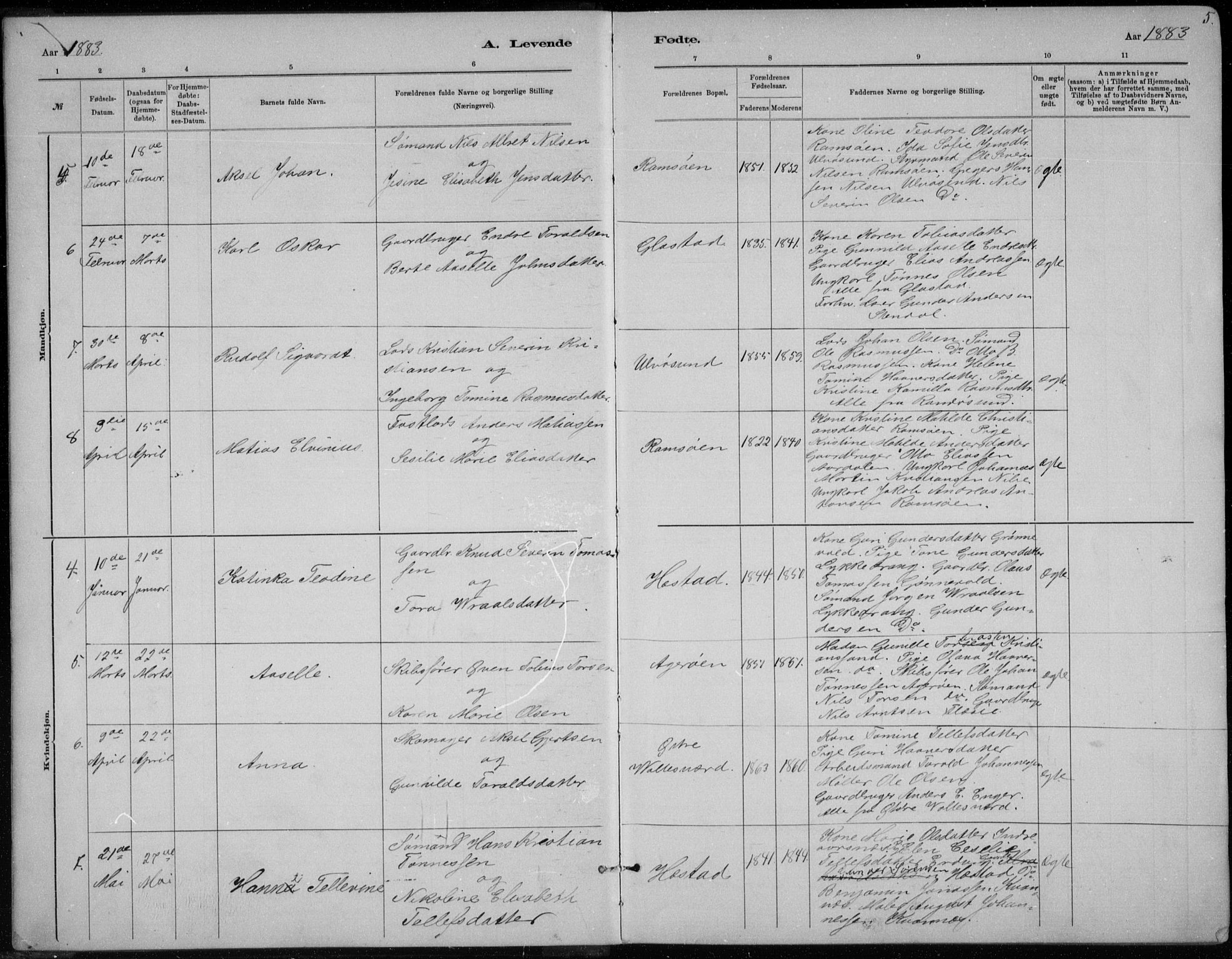 Høvåg sokneprestkontor, SAK/1111-0025/F/Fb/L0004: Parish register (copy) no. B 4, 1883-1898, p. 5