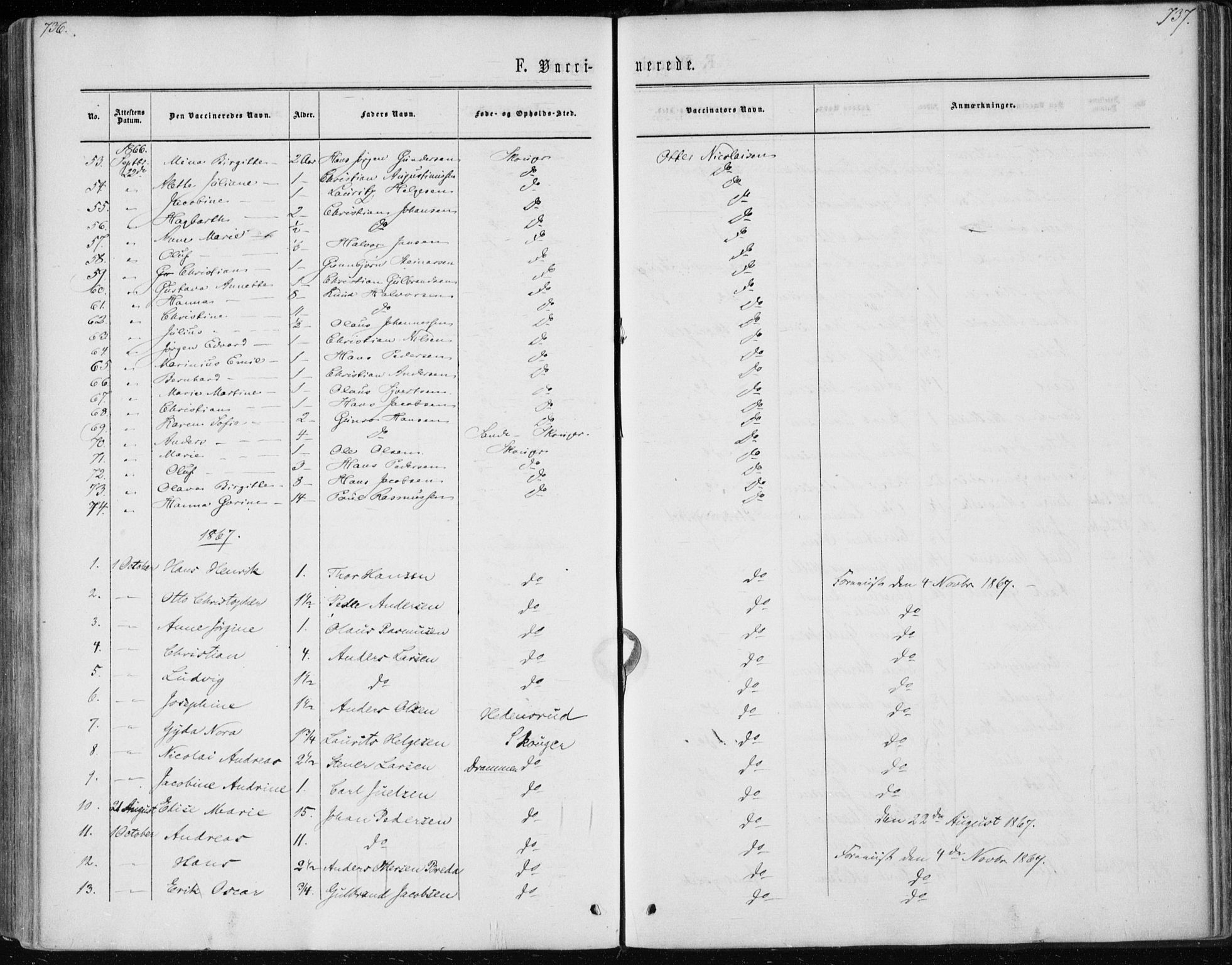 Skoger kirkebøker, AV/SAKO-A-59/F/Fa/L0004: Parish register (official) no. I 4, 1862-1872, p. 736-737