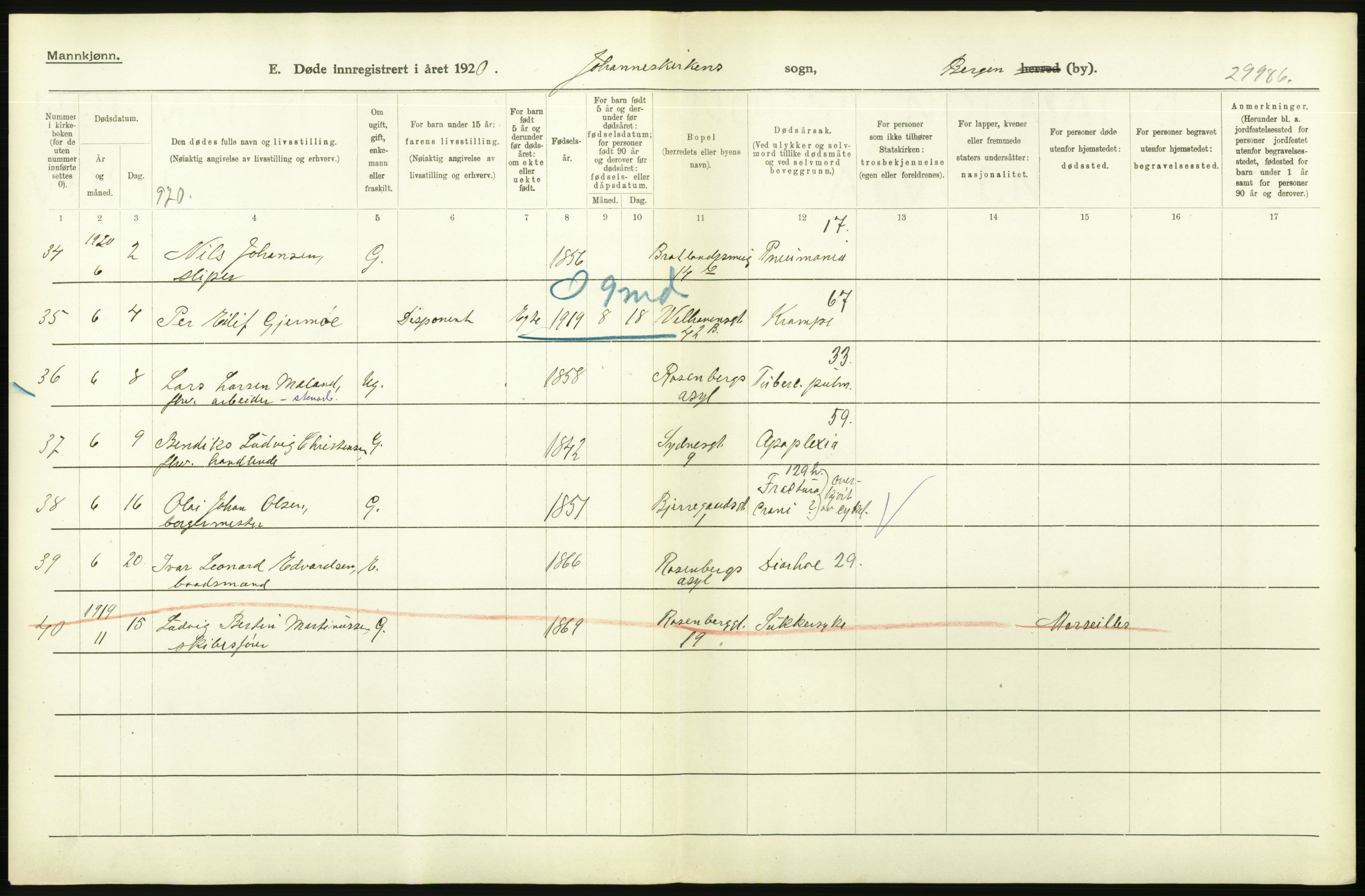 Statistisk sentralbyrå, Sosiodemografiske emner, Befolkning, AV/RA-S-2228/D/Df/Dfb/Dfbj/L0042: Bergen: Gifte, døde, dødfødte., 1920, p. 580