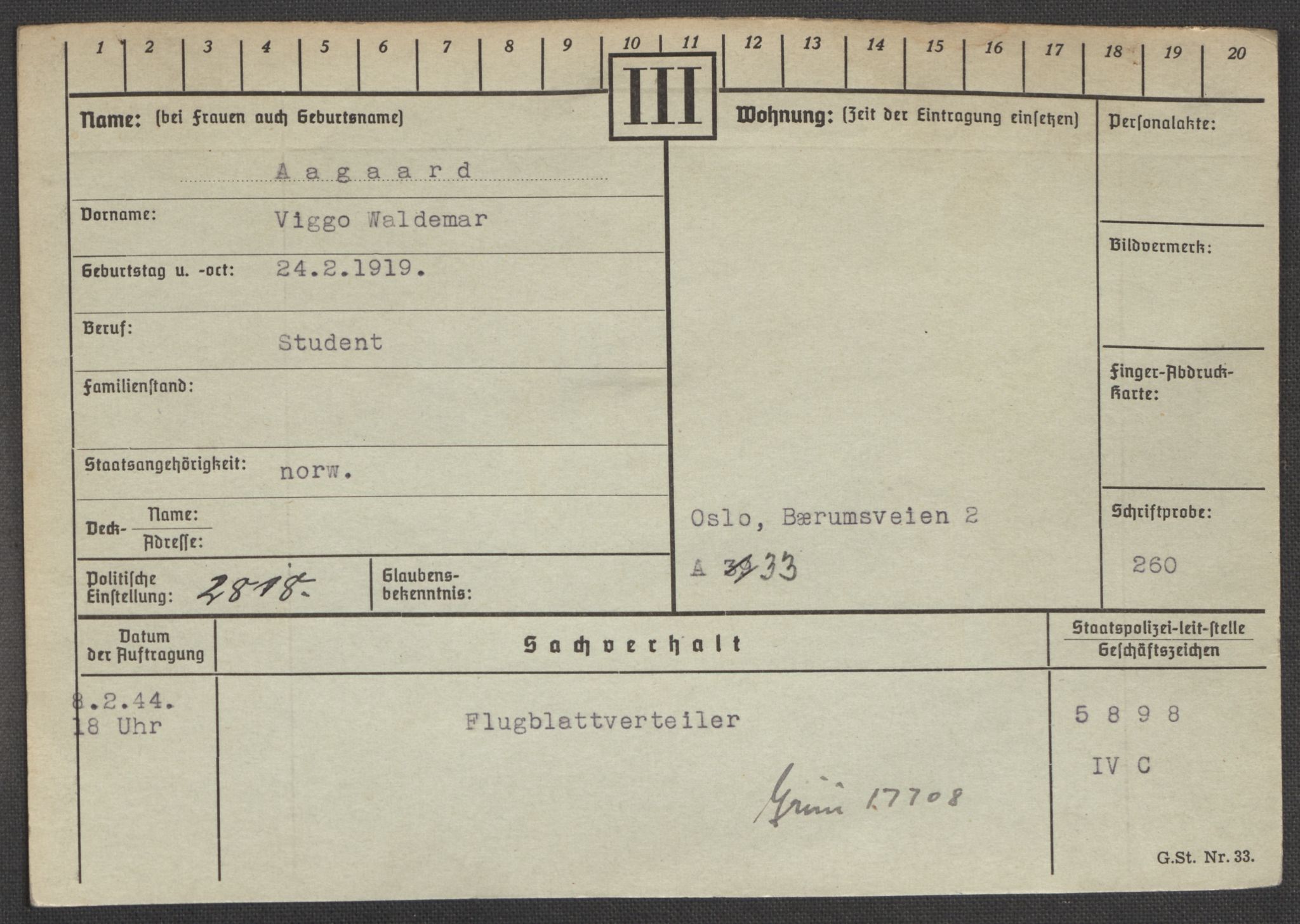 Befehlshaber der Sicherheitspolizei und des SD, RA/RAFA-5969/E/Ea/Eaa/L0010: Register over norske fanger i Møllergata 19: Sø-Å, 1940-1945, p. 1386