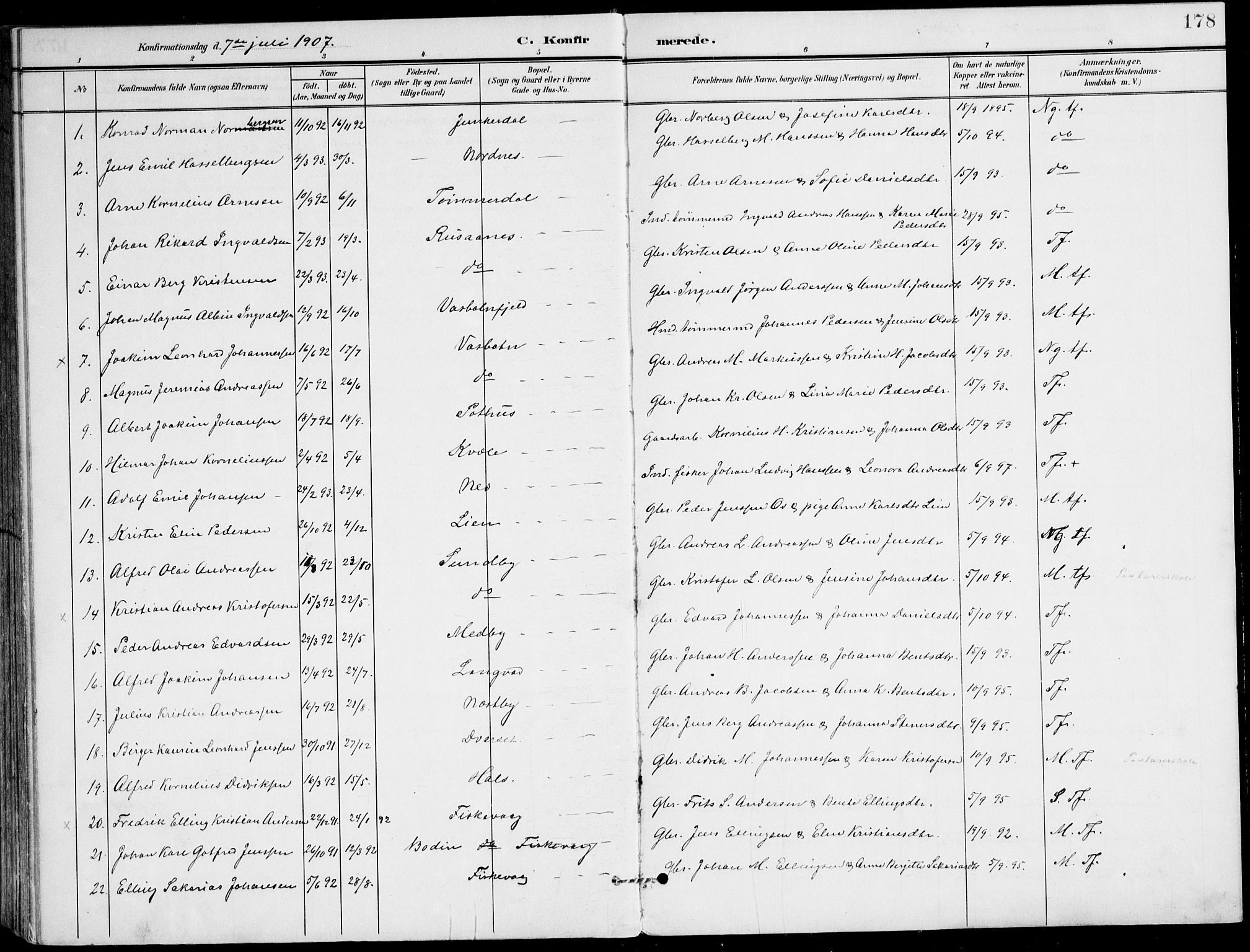 Ministerialprotokoller, klokkerbøker og fødselsregistre - Nordland, AV/SAT-A-1459/847/L0672: Parish register (official) no. 847A12, 1902-1919, p. 178