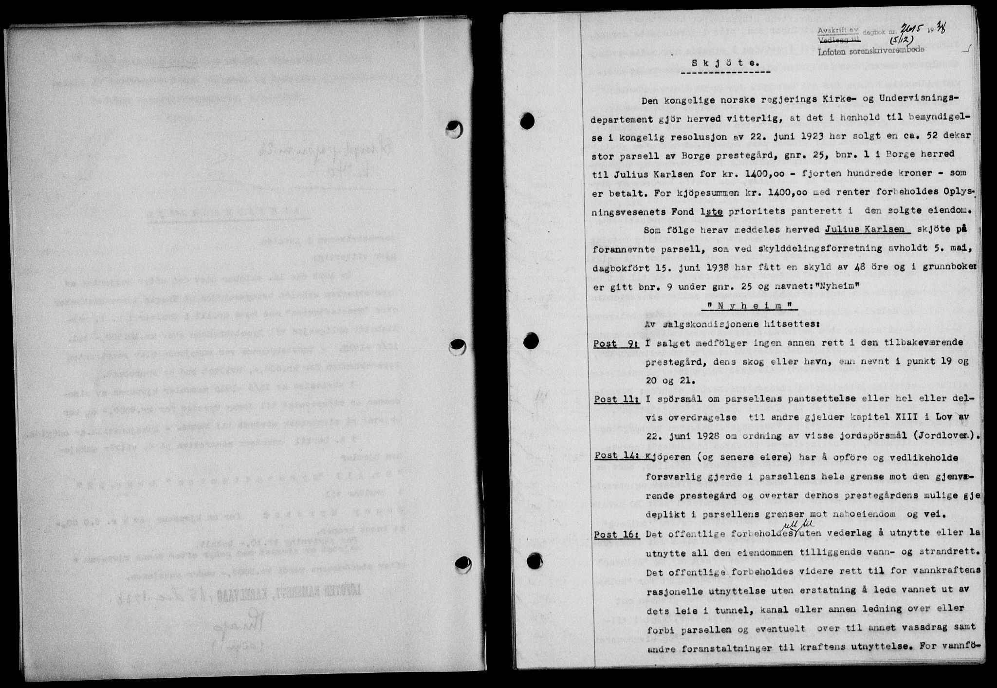 Lofoten sorenskriveri, SAT/A-0017/1/2/2C/L0005a: Mortgage book no. 5a, 1939-1939, Diary no: : 2615/1938