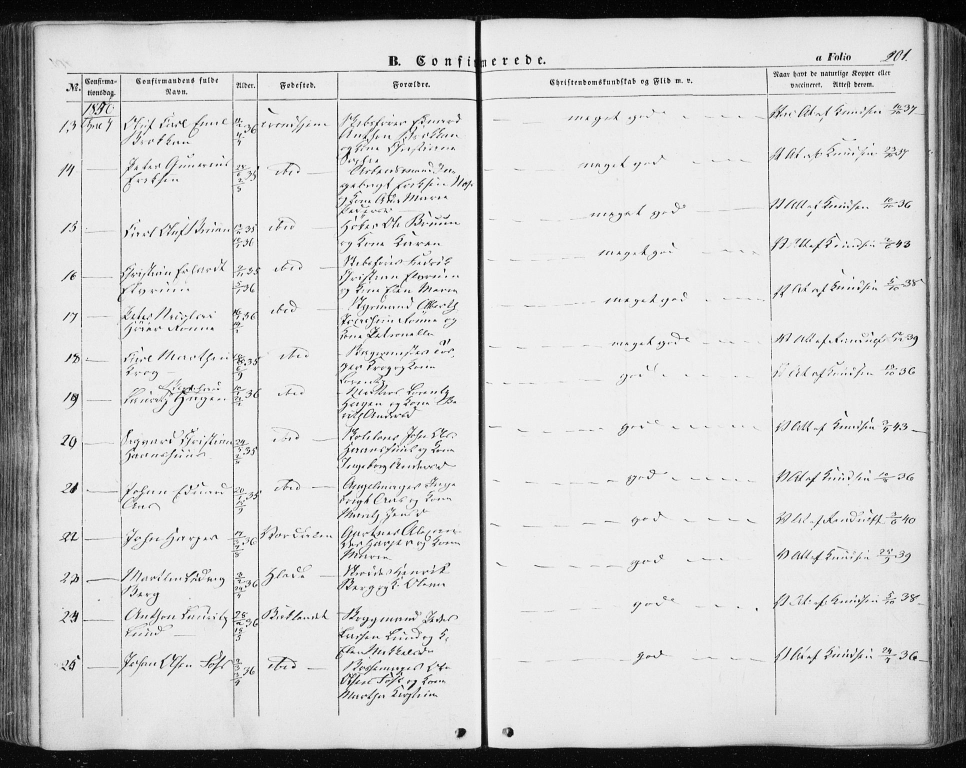 Ministerialprotokoller, klokkerbøker og fødselsregistre - Sør-Trøndelag, SAT/A-1456/601/L0051: Parish register (official) no. 601A19, 1848-1857, p. 201