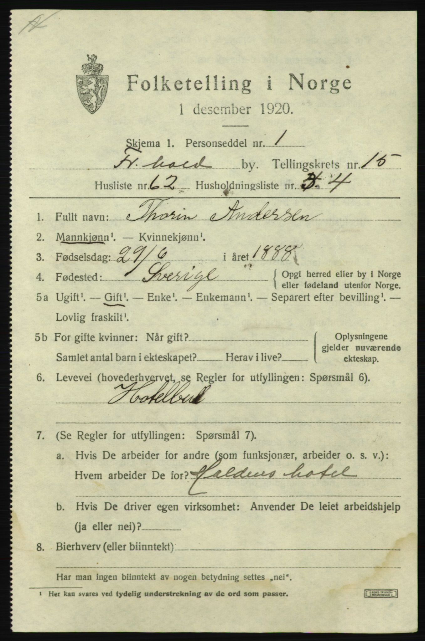 SAO, 1920 census for Fredrikshald, 1920, p. 24614