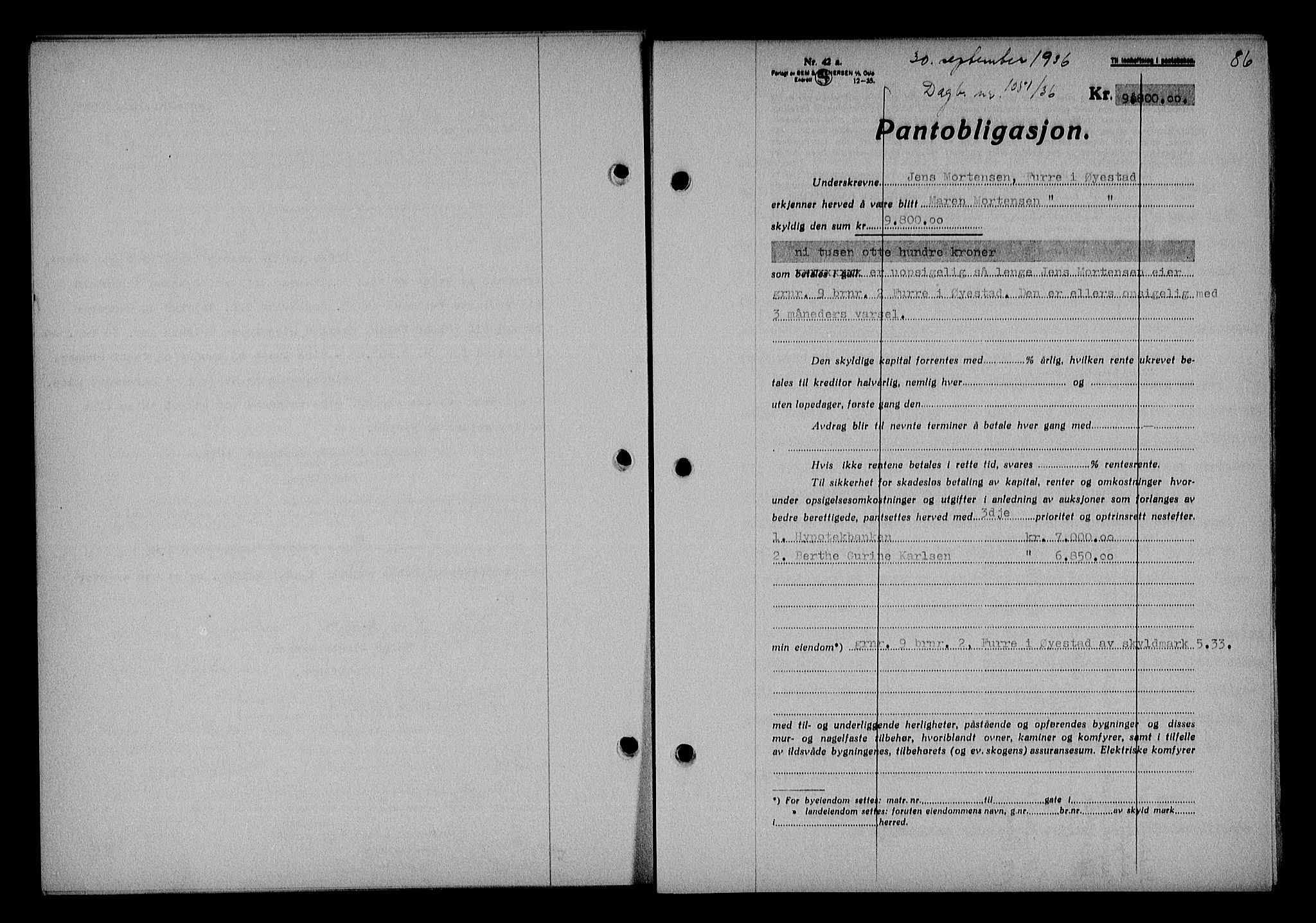 Nedenes sorenskriveri, AV/SAK-1221-0006/G/Gb/Gba/L0043: Mortgage book no. 39, 1936-1937, Diary no: : 1051/1936