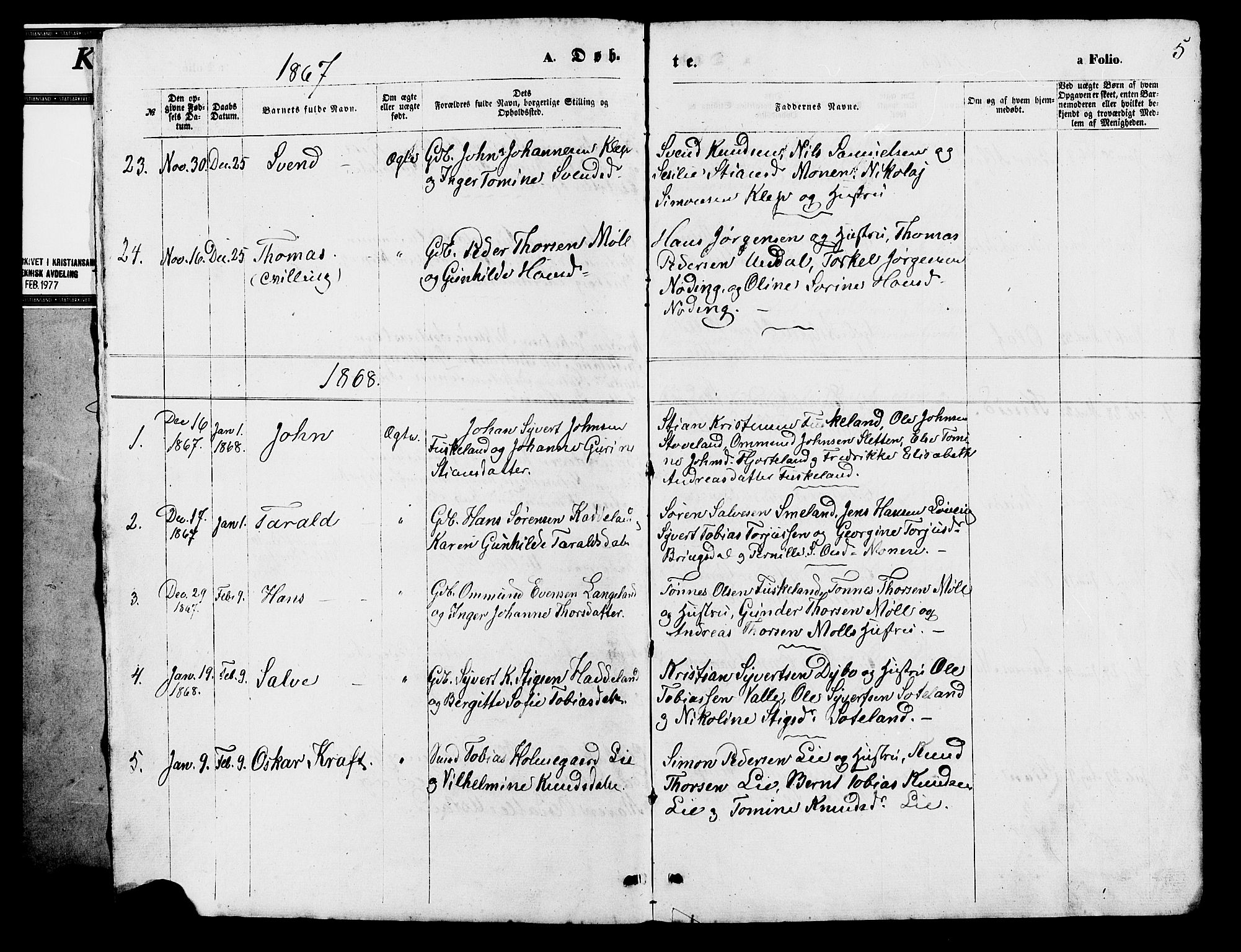 Holum sokneprestkontor, SAK/1111-0022/F/Fb/Fba/L0004: Parish register (copy) no. B 4, 1867-1890, p. 5
