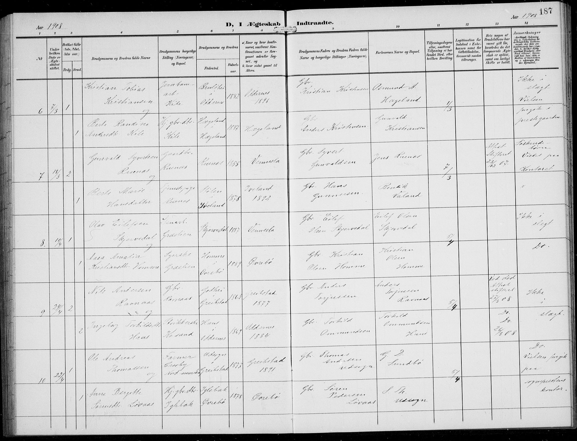 Vennesla sokneprestkontor, AV/SAK-1111-0045/Fb/Fbb/L0005: Parish register (copy) no. B 5, 1903-1913, p. 187