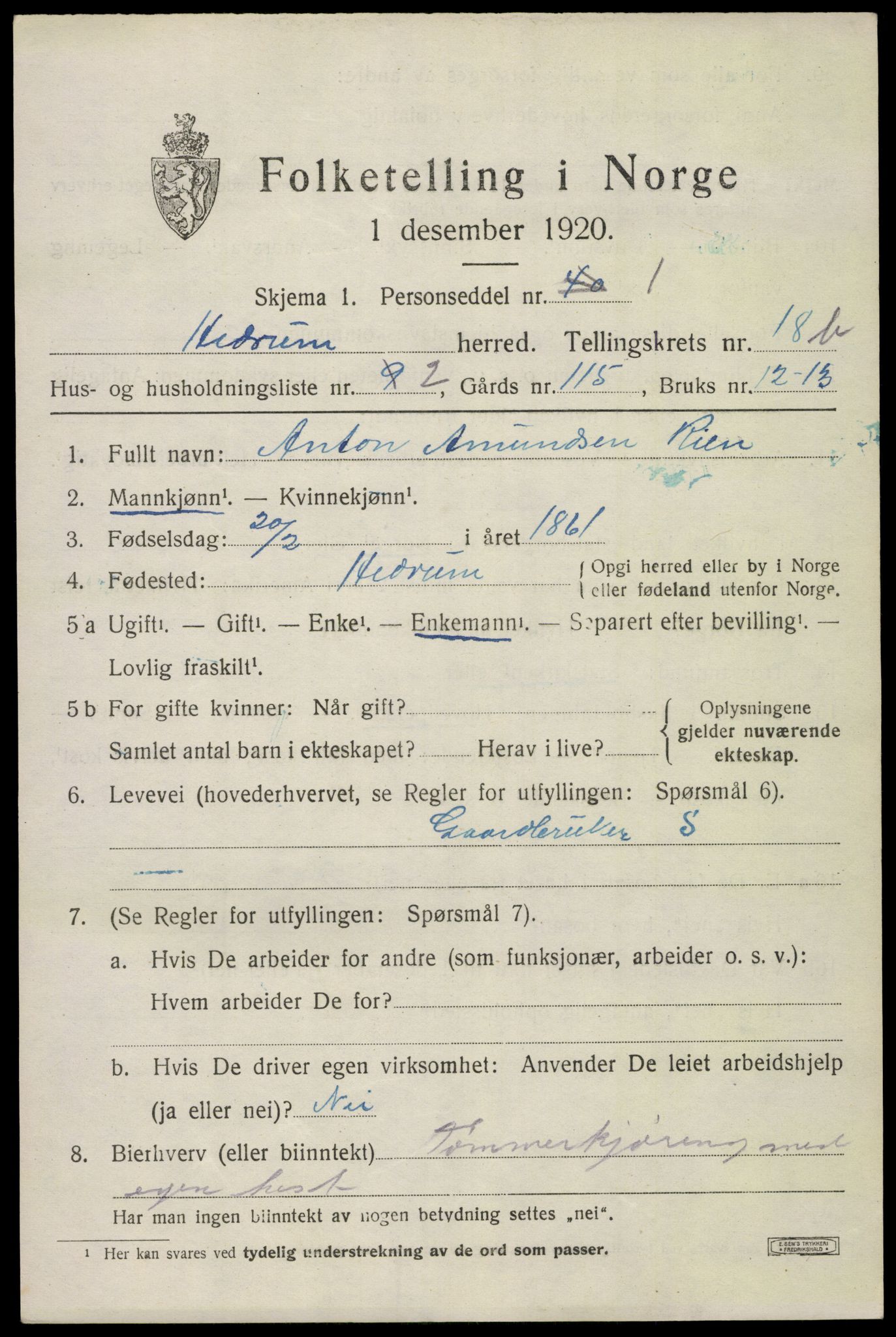 SAKO, 1920 census for Hedrum, 1920, p. 11019