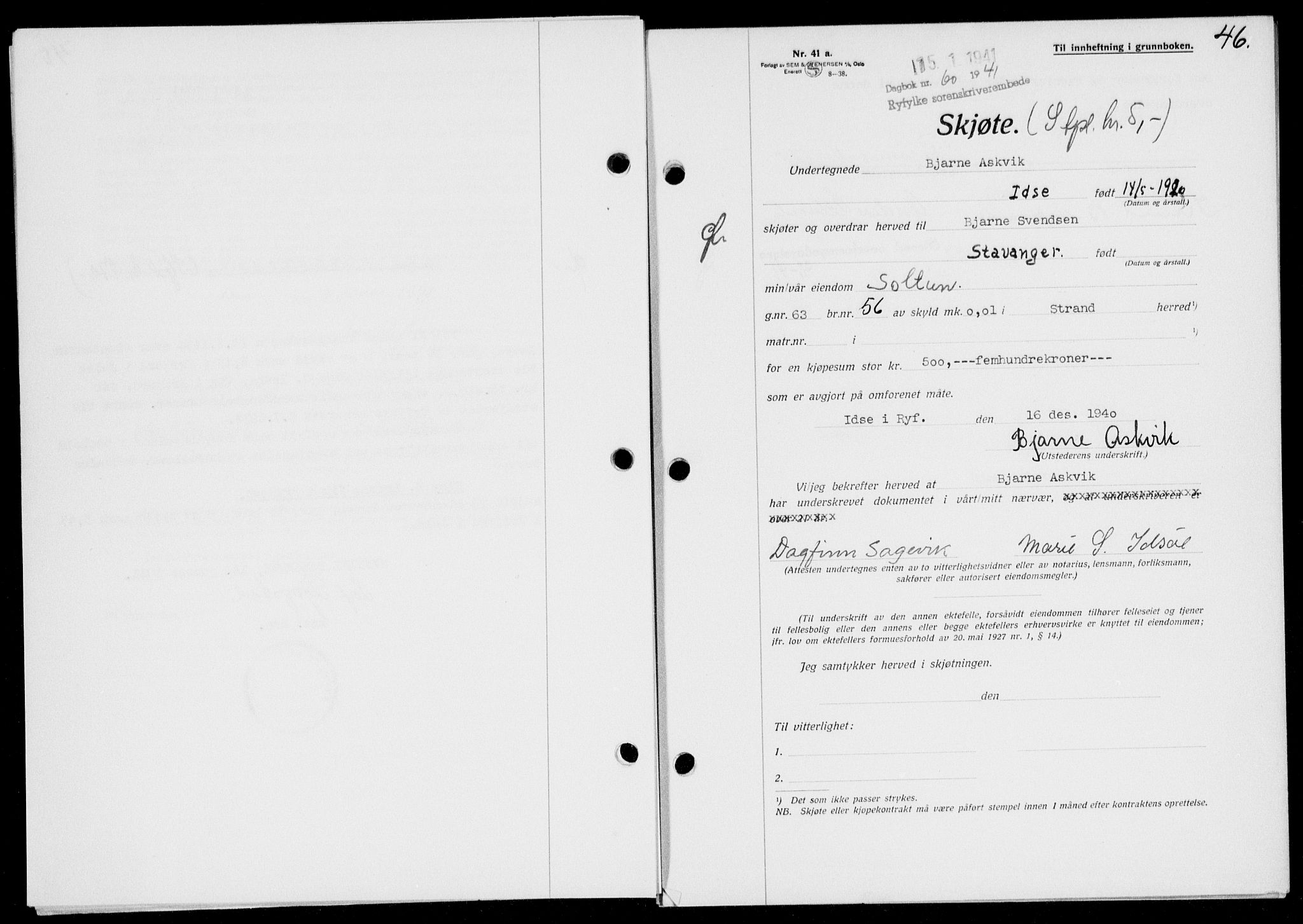 Ryfylke tingrett, SAST/A-100055/001/II/IIB/L0083: Mortgage book no. 62, 1941-1941, Diary no: : 60/1941