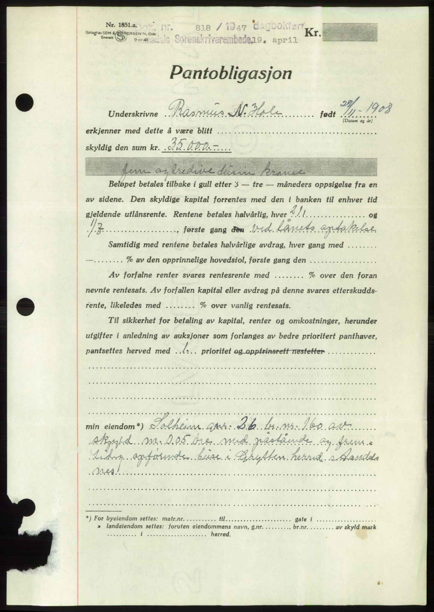 Romsdal sorenskriveri, AV/SAT-A-4149/1/2/2C: Mortgage book no. B3, 1946-1948, Diary no: : 818/1947