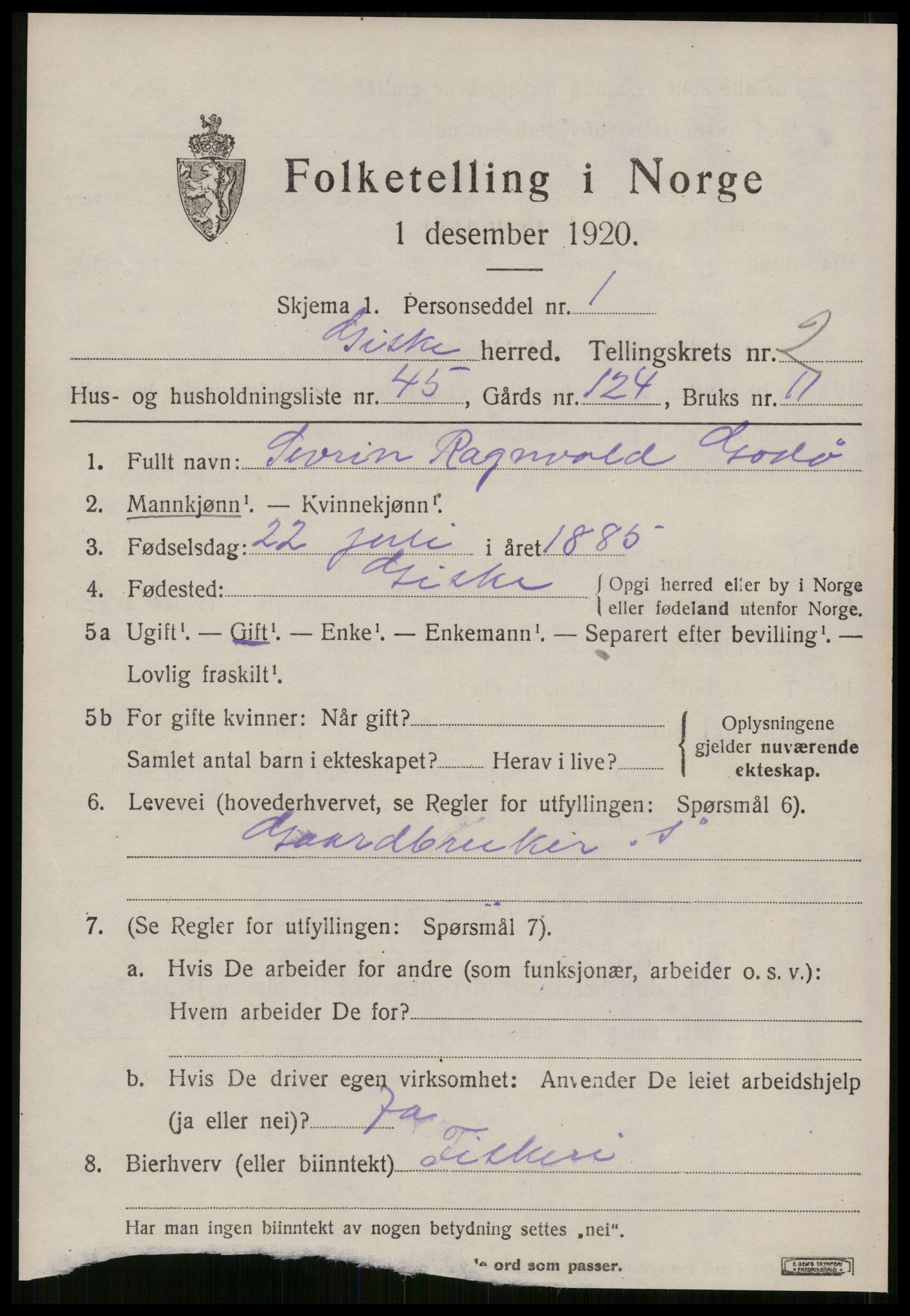 SAT, 1920 census for Giske, 1920, p. 1600
