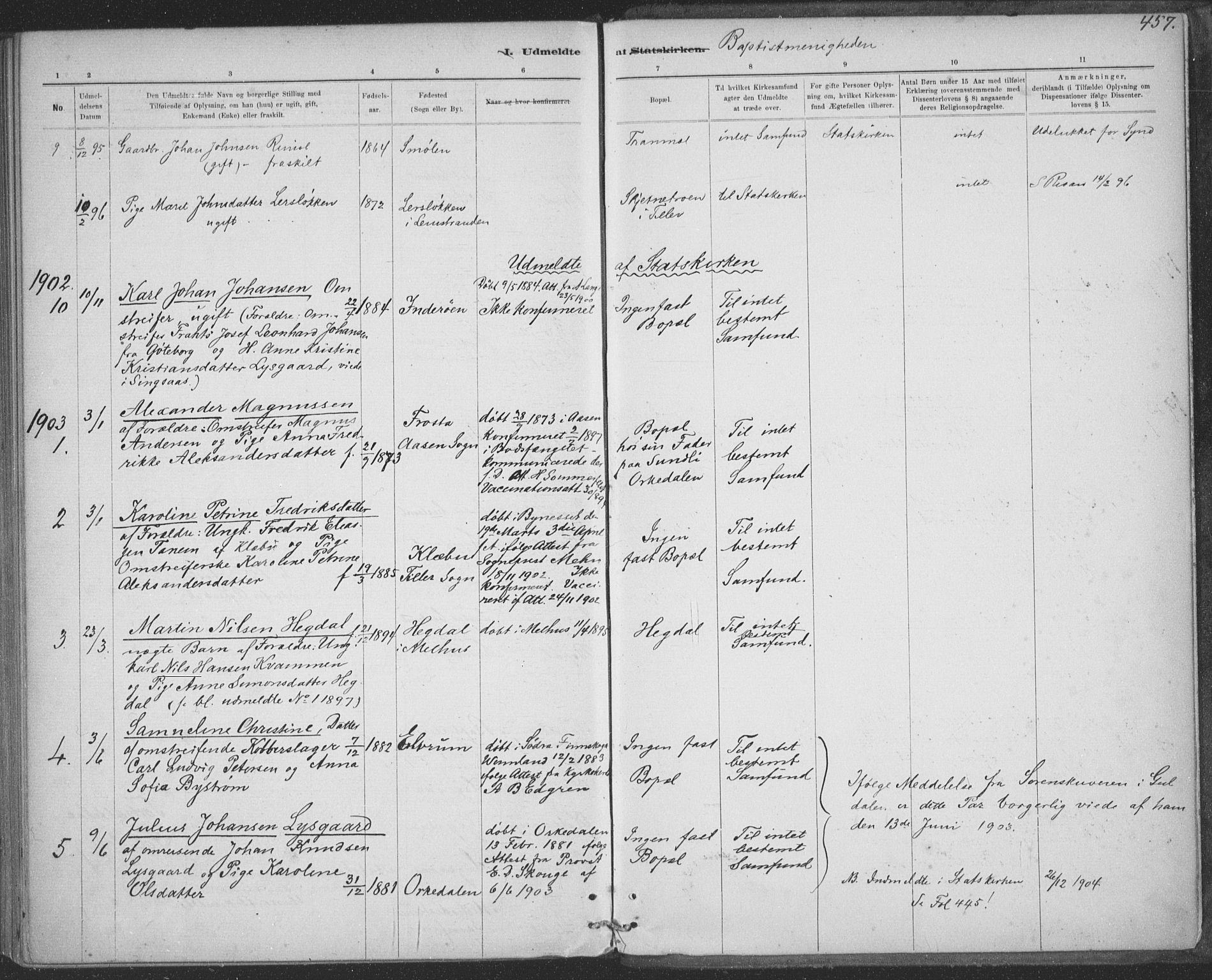 Ministerialprotokoller, klokkerbøker og fødselsregistre - Sør-Trøndelag, AV/SAT-A-1456/691/L1085: Parish register (official) no. 691A17, 1887-1908, p. 457