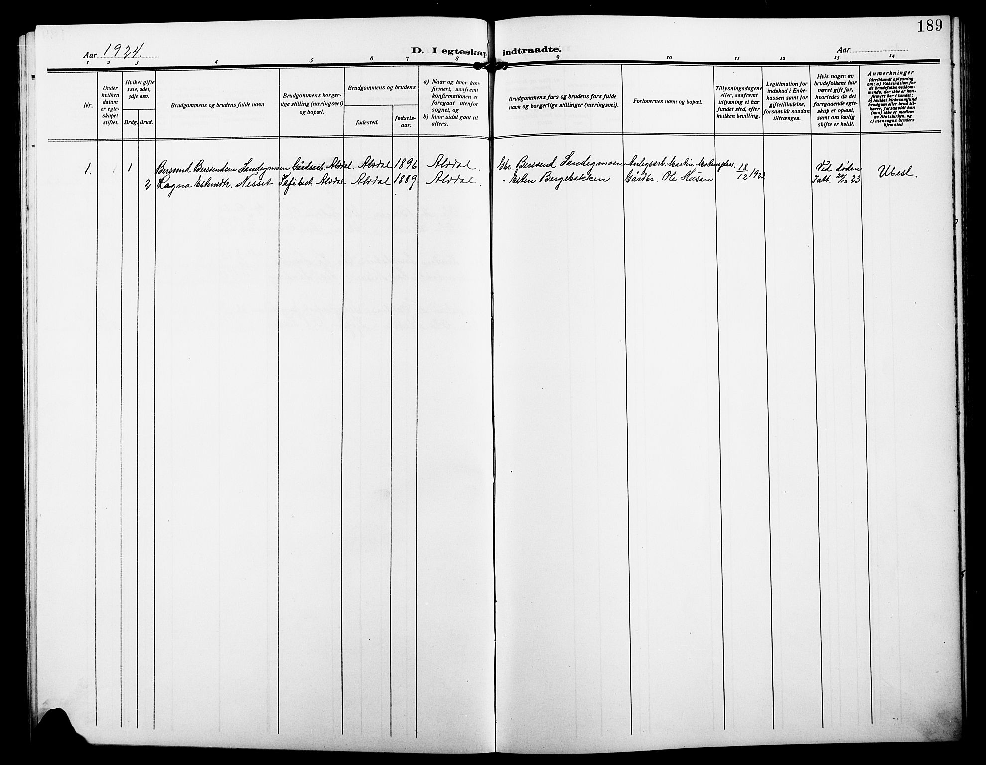 Alvdal prestekontor, SAH/PREST-060/H/Ha/Hab/L0005: Parish register (copy) no. 5, 1908-1923, p. 189