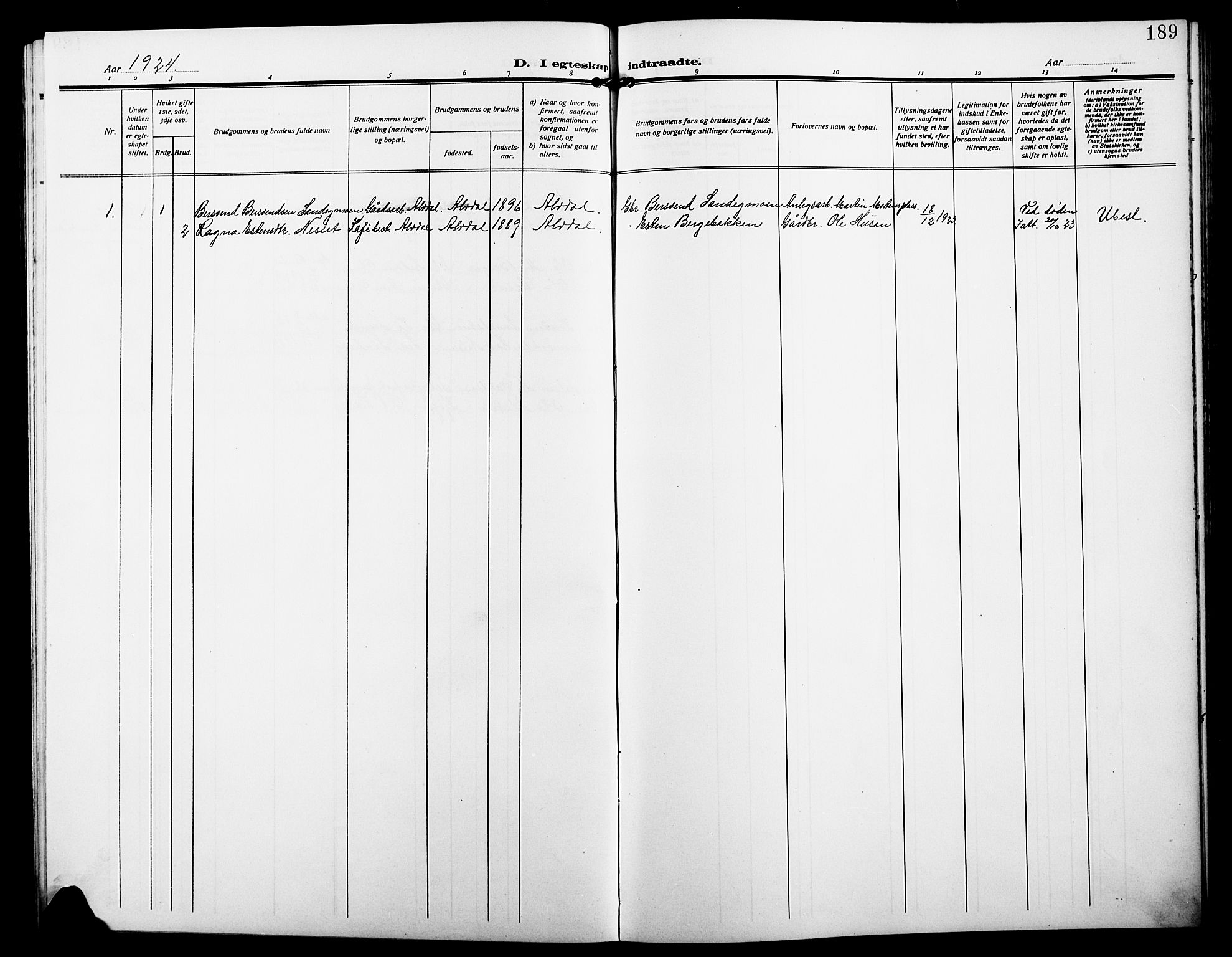 Alvdal prestekontor, AV/SAH-PREST-060/H/Ha/Hab/L0005: Parish register (copy) no. 5, 1908-1923, p. 189