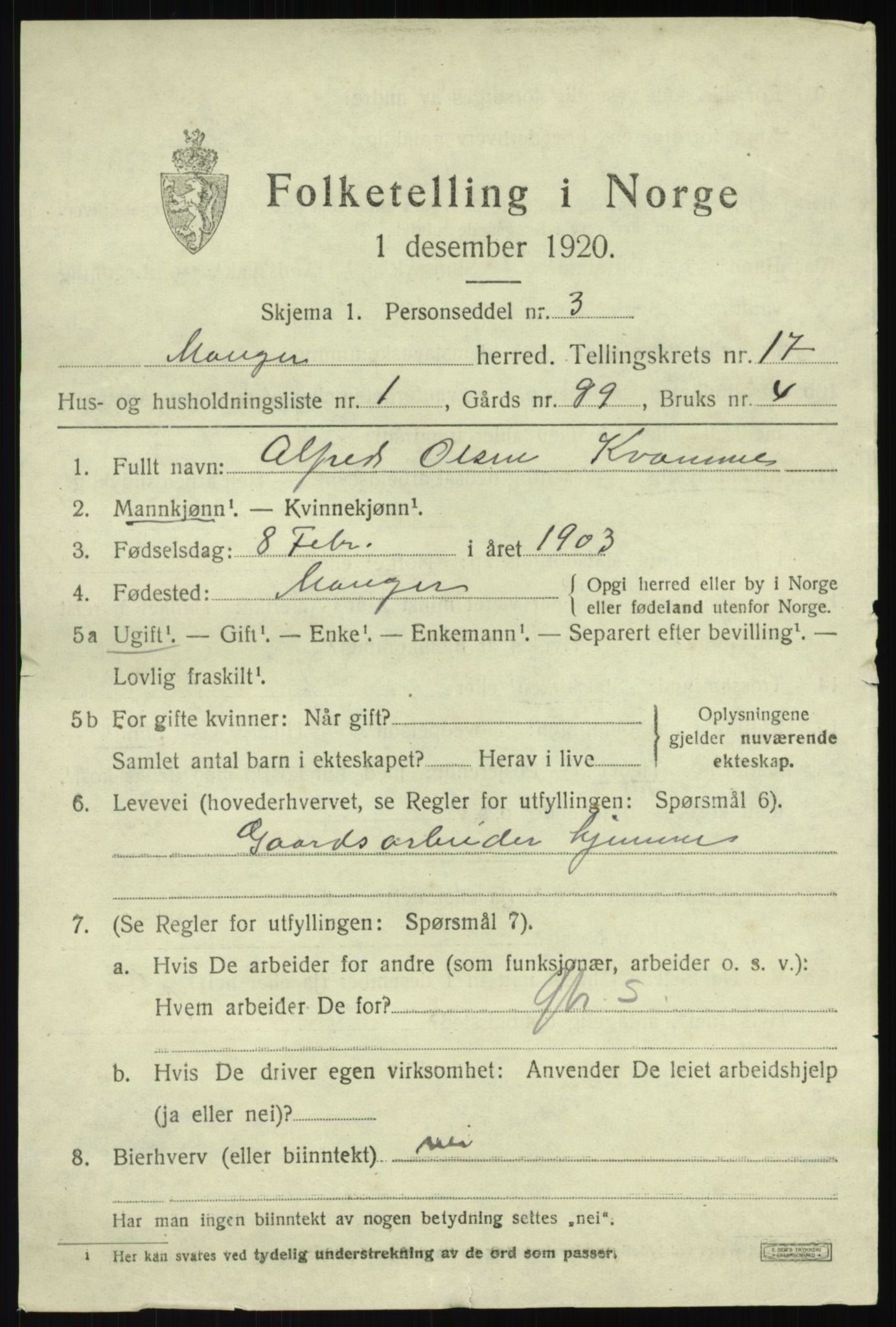 SAB, 1920 census for Manger, 1920, p. 9518