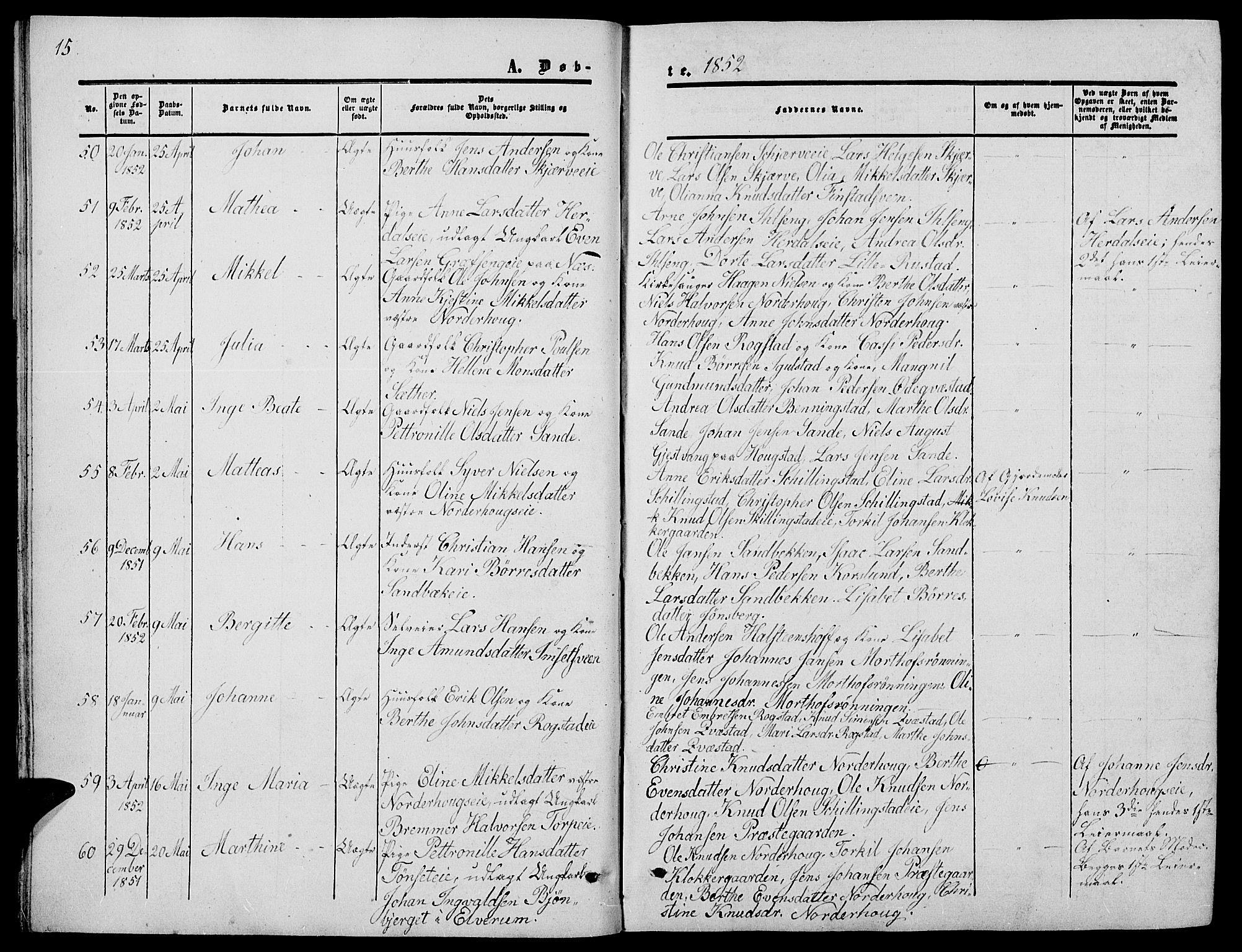 Løten prestekontor, SAH/PREST-022/L/La/L0003: Parish register (copy) no. 3, 1850-1862, p. 15