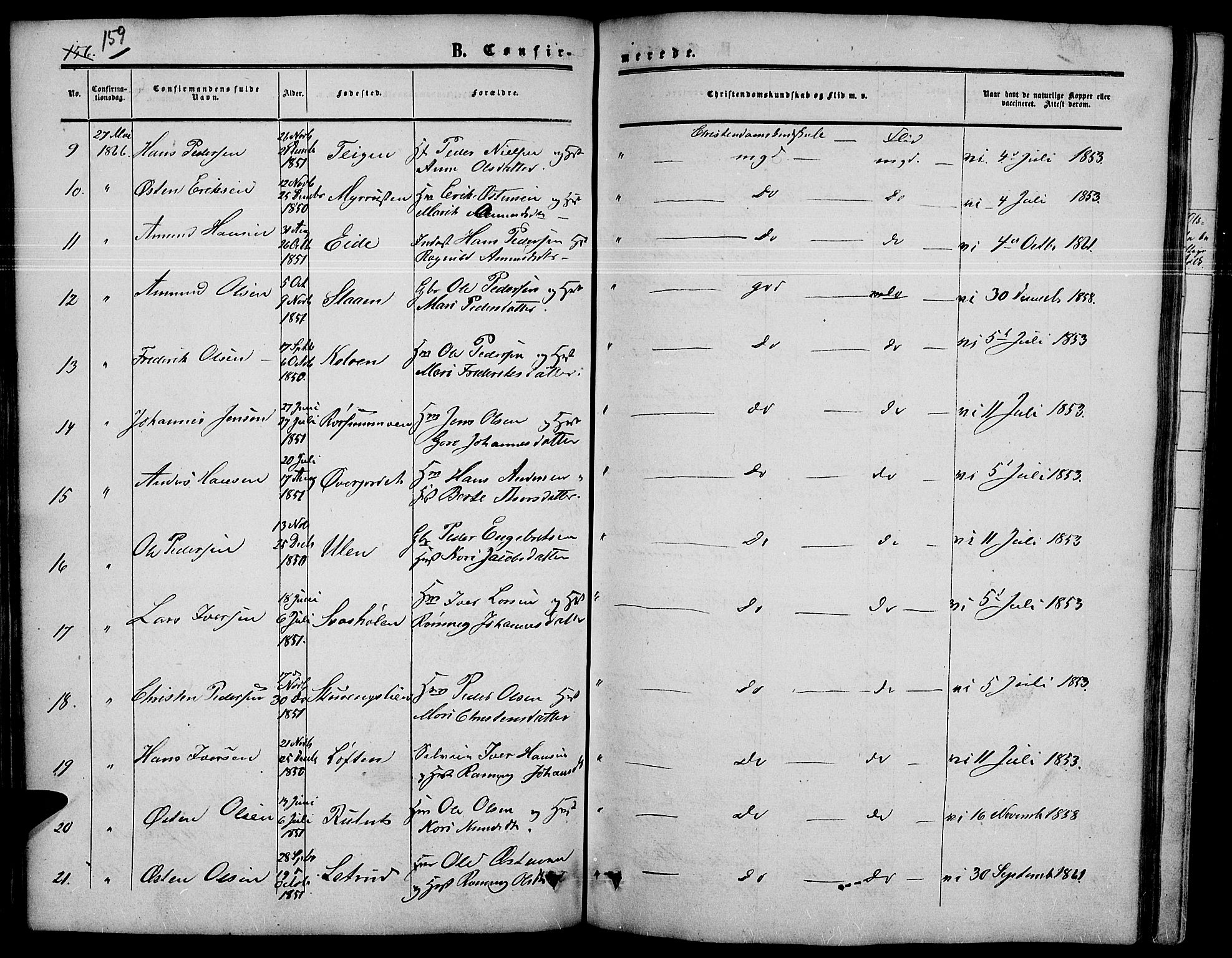 Nord-Fron prestekontor, SAH/PREST-080/H/Ha/Hab/L0003: Parish register (copy) no. 3, 1851-1886, p. 159