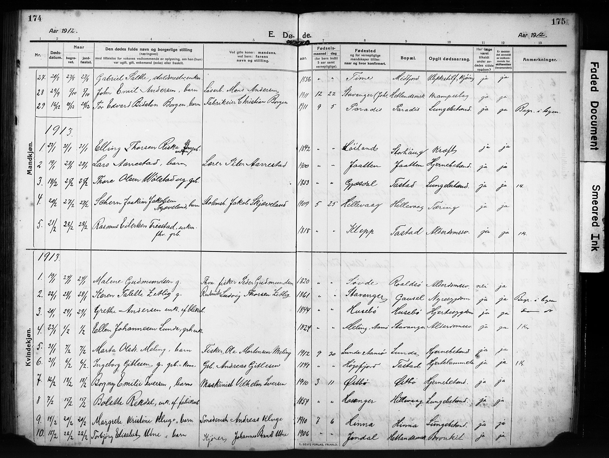 Hetland sokneprestkontor, SAST/A-101826/30/30BB/L0009: Parish register (copy) no. B 9, 1910-1931, p. 174-175