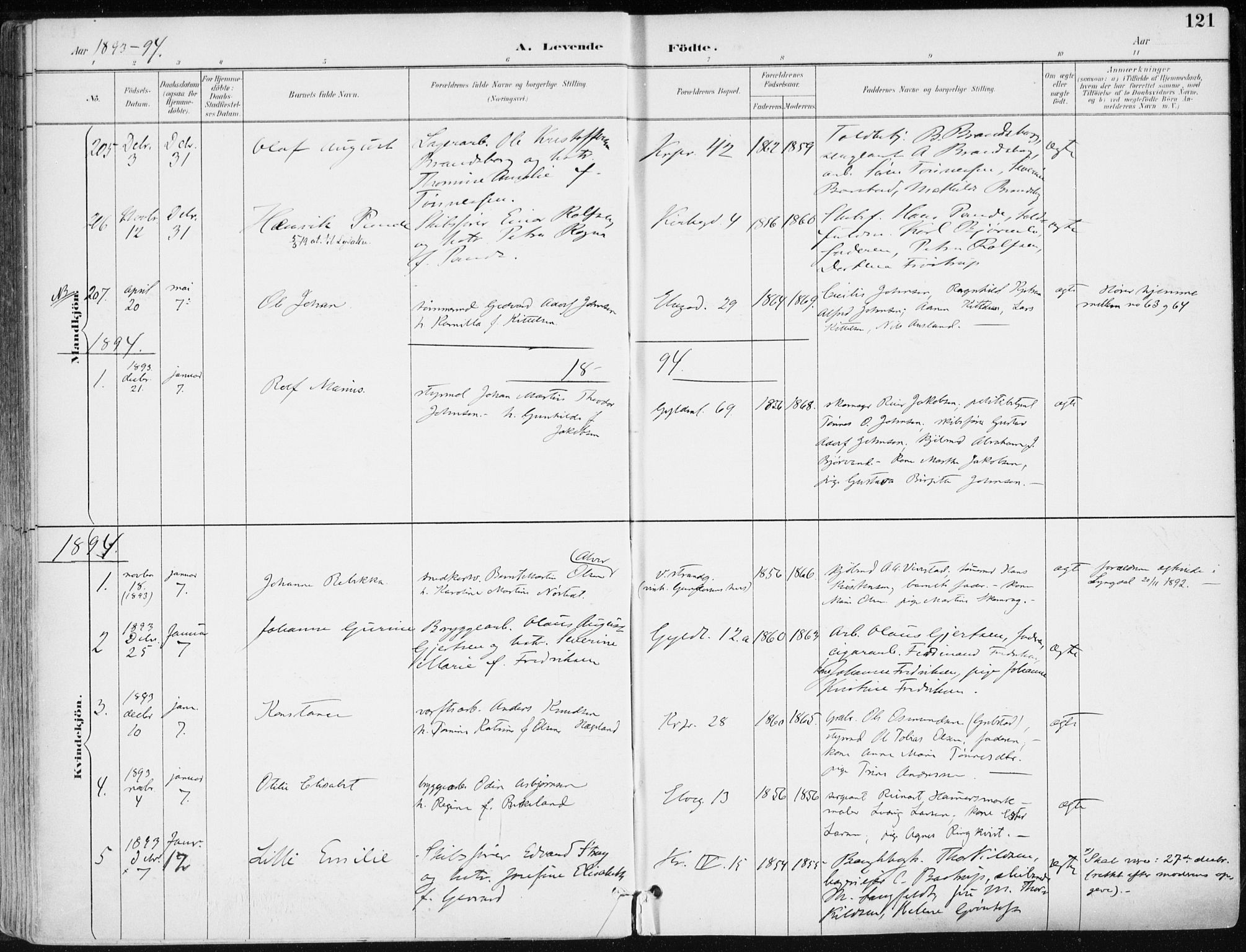 Kristiansand domprosti, SAK/1112-0006/F/Fa/L0019: Parish register (official) no. A 18, 1890-1897, p. 121