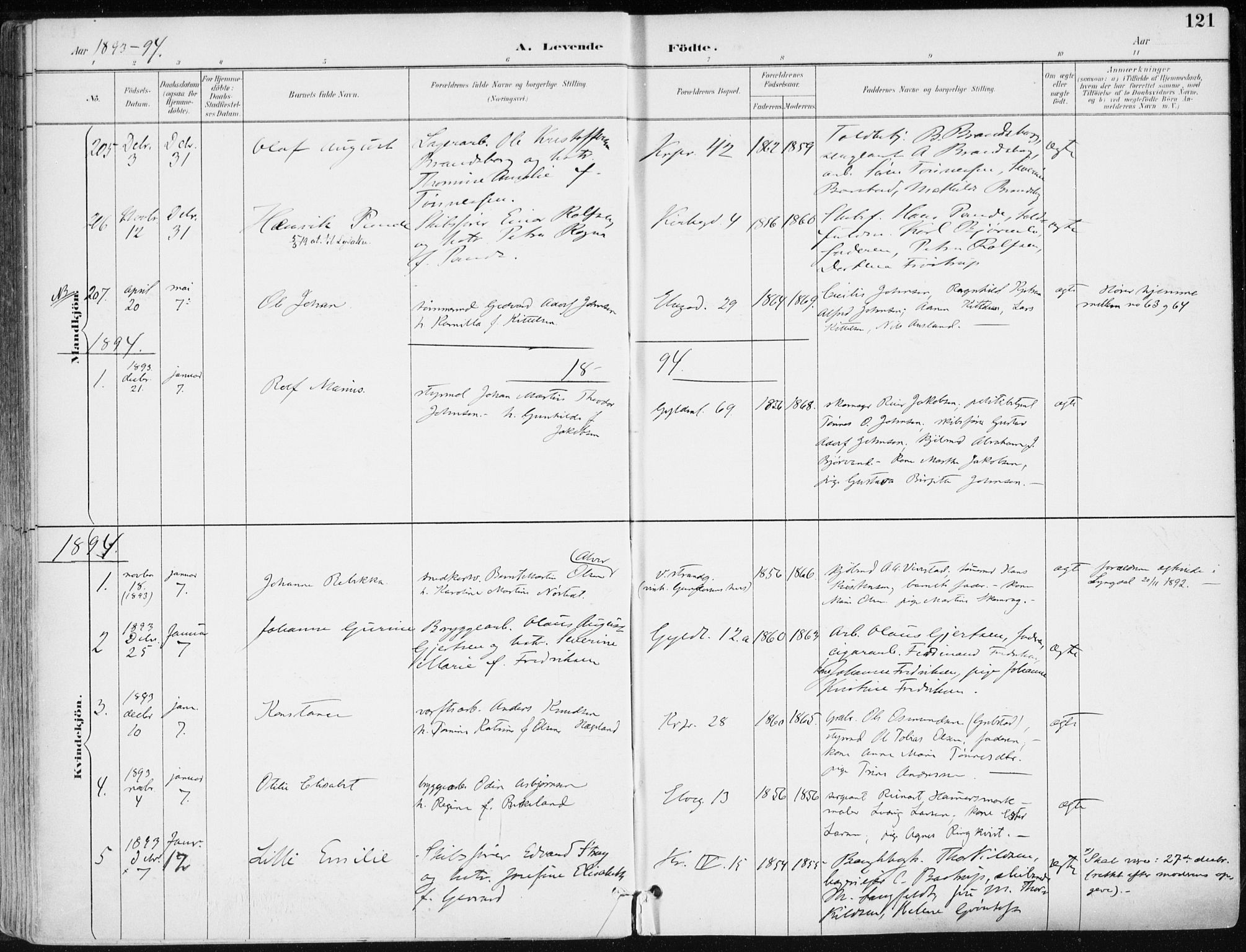 Kristiansand domprosti, AV/SAK-1112-0006/F/Fa/L0019: Parish register (official) no. A 18, 1890-1897, p. 121