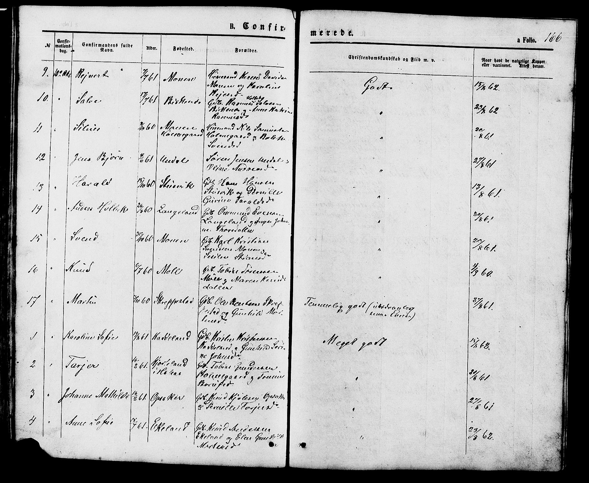Holum sokneprestkontor, SAK/1111-0022/F/Fb/Fba/L0004: Parish register (copy) no. B 4, 1867-1890, p. 166