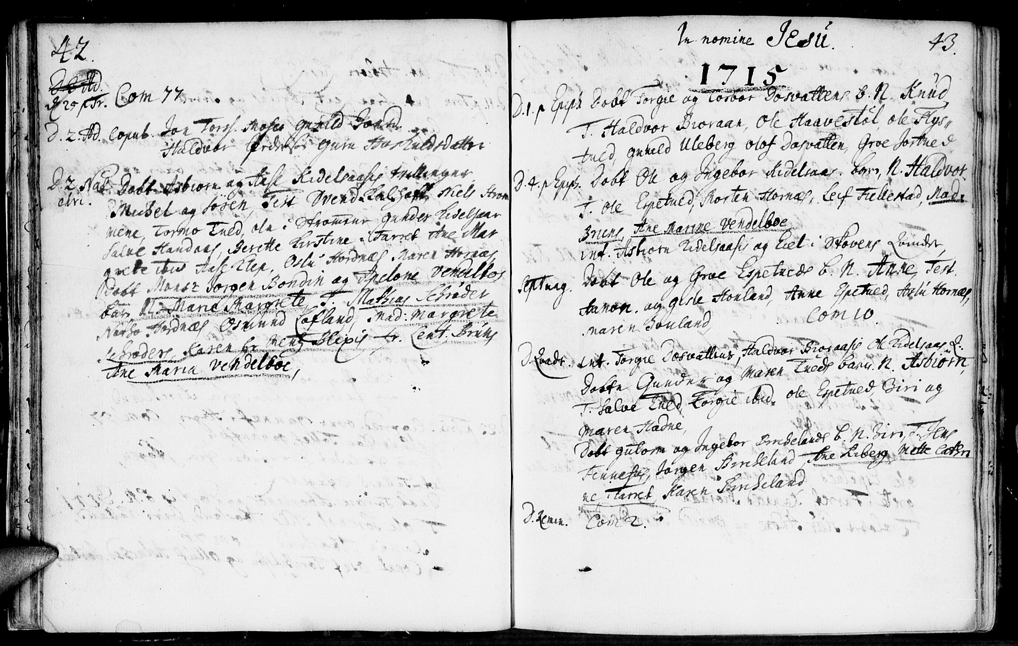 Evje sokneprestkontor, AV/SAK-1111-0008/F/Fa/Fab/L0001: Parish register (official) no. A 1, 1704-1764, p. 42-43