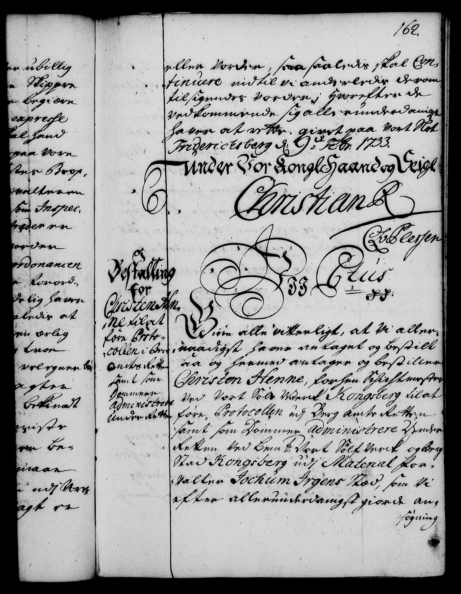 Rentekammeret, Kammerkanselliet, RA/EA-3111/G/Gg/Gge/L0002: Norsk bestallingsprotokoll med register (merket RK 53.26), 1730-1744, p. 162