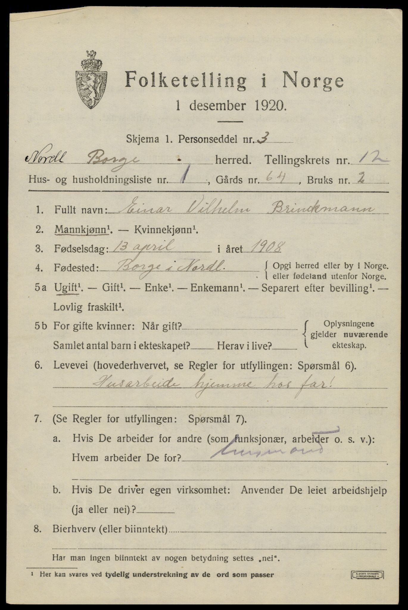 SAT, 1920 census for Borge, 1920, p. 9815