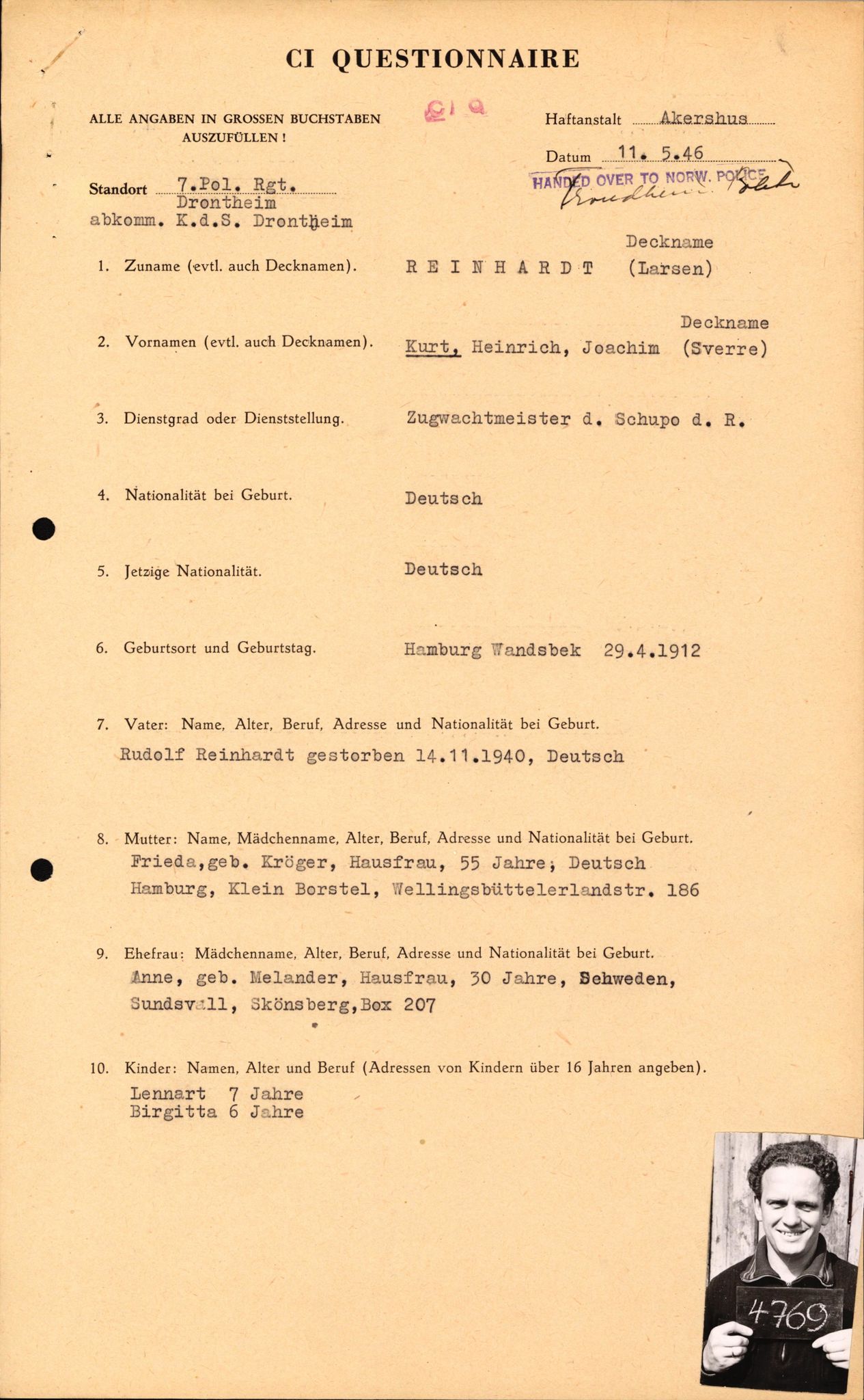 Forsvaret, Forsvarets overkommando II, AV/RA-RAFA-3915/D/Db/L0027: CI Questionaires. Tyske okkupasjonsstyrker i Norge. Tyskere., 1945-1946, p. 158