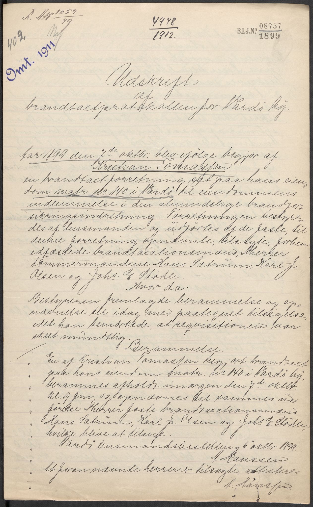 Norges Brannkasse, AV/RA-S-1549/E/Eu/L0019: Branntakster for Vardø by, 1889-1955, p. 30