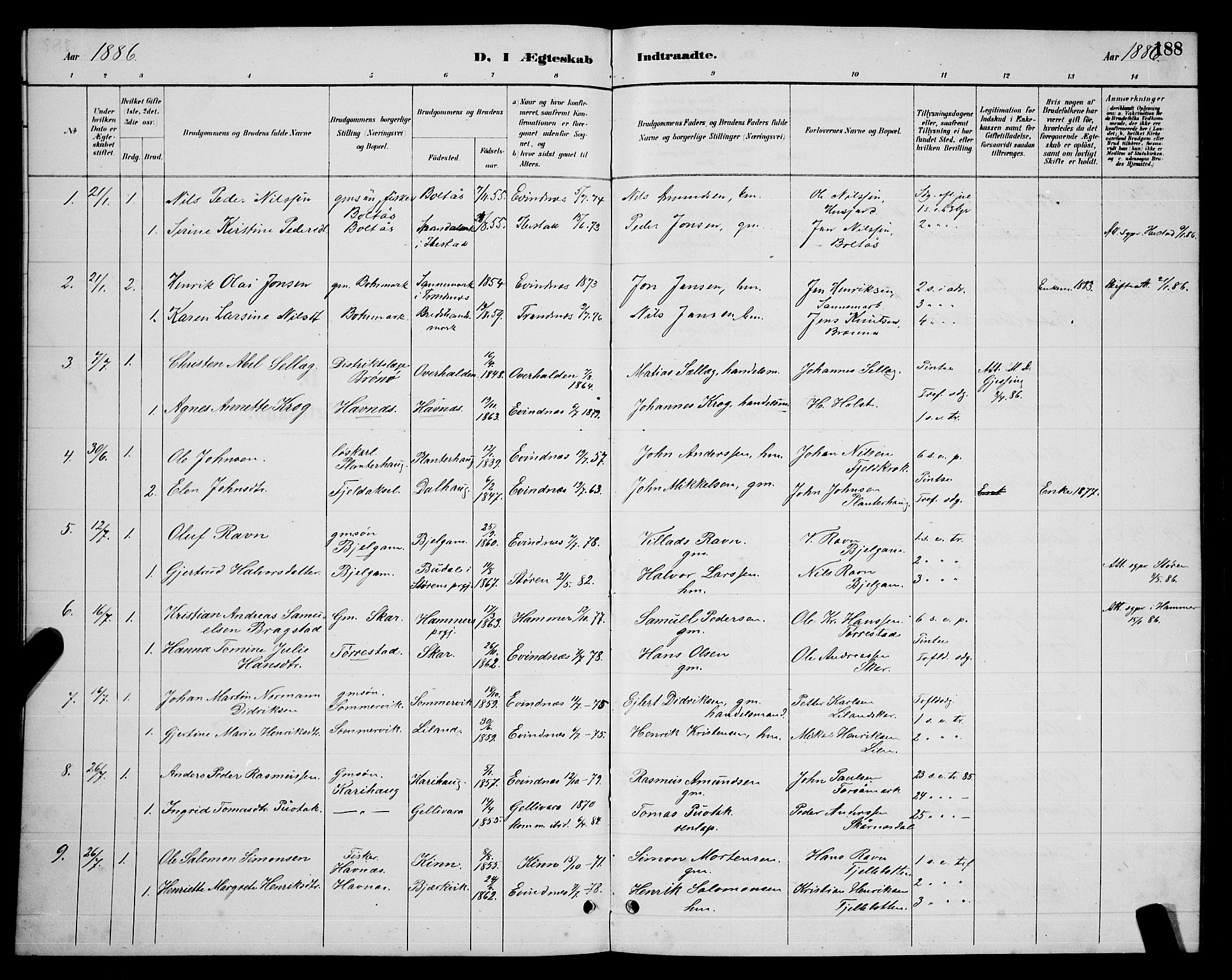 Ministerialprotokoller, klokkerbøker og fødselsregistre - Nordland, SAT/A-1459/863/L0914: Parish register (copy) no. 863C04, 1886-1897, p. 188