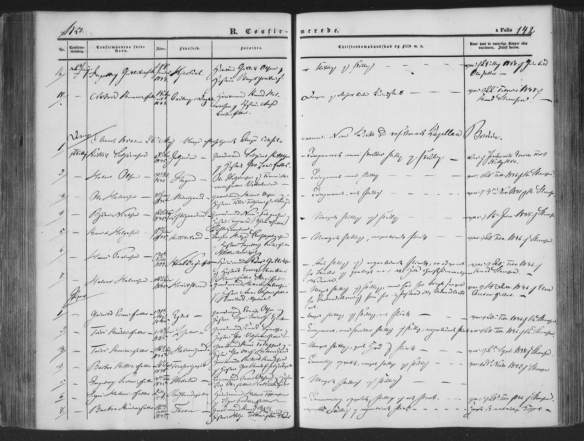 Rollag kirkebøker, AV/SAKO-A-240/F/Fa/L0008: Parish register (official) no. I 8, 1847-1860, p. 142