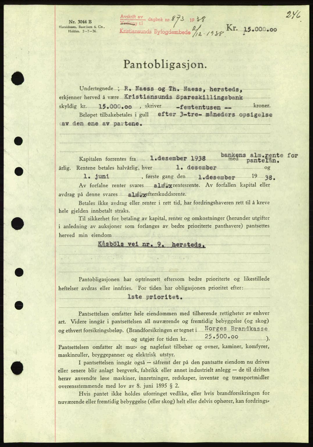 Kristiansund byfogd, SAT/A-4587/A/27: Mortgage book no. 31, 1938-1939, Diary no: : 873/1938