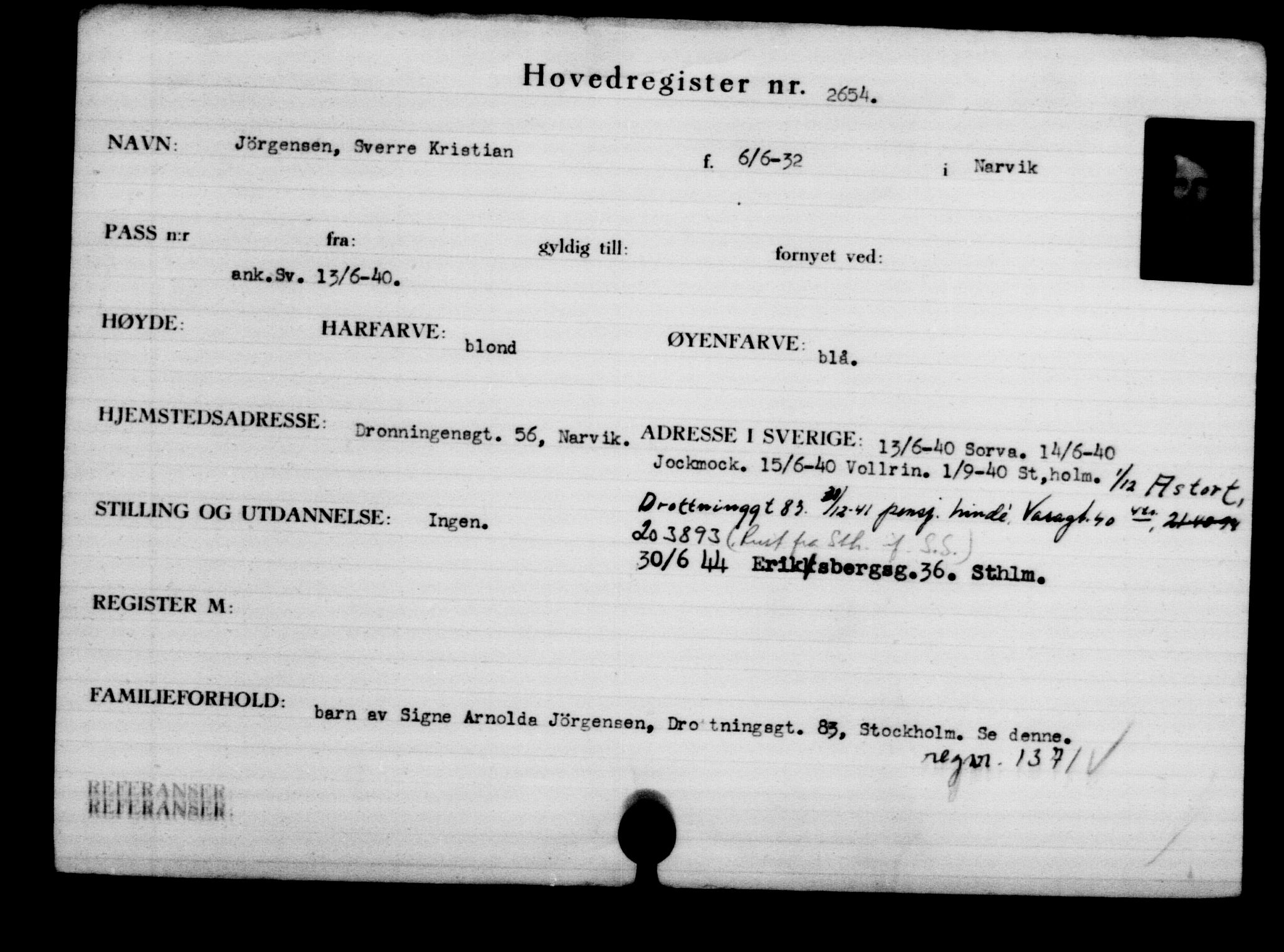 Utenriksstasjonene, Legasjonen i Stockholm, Flyktningkontoret, AV/RA-S-6753/V/Va/L0003: Kjesäterkartoteket, flyktninger med registreringsnr. 2001-3495, 1940-1945, p. 1019