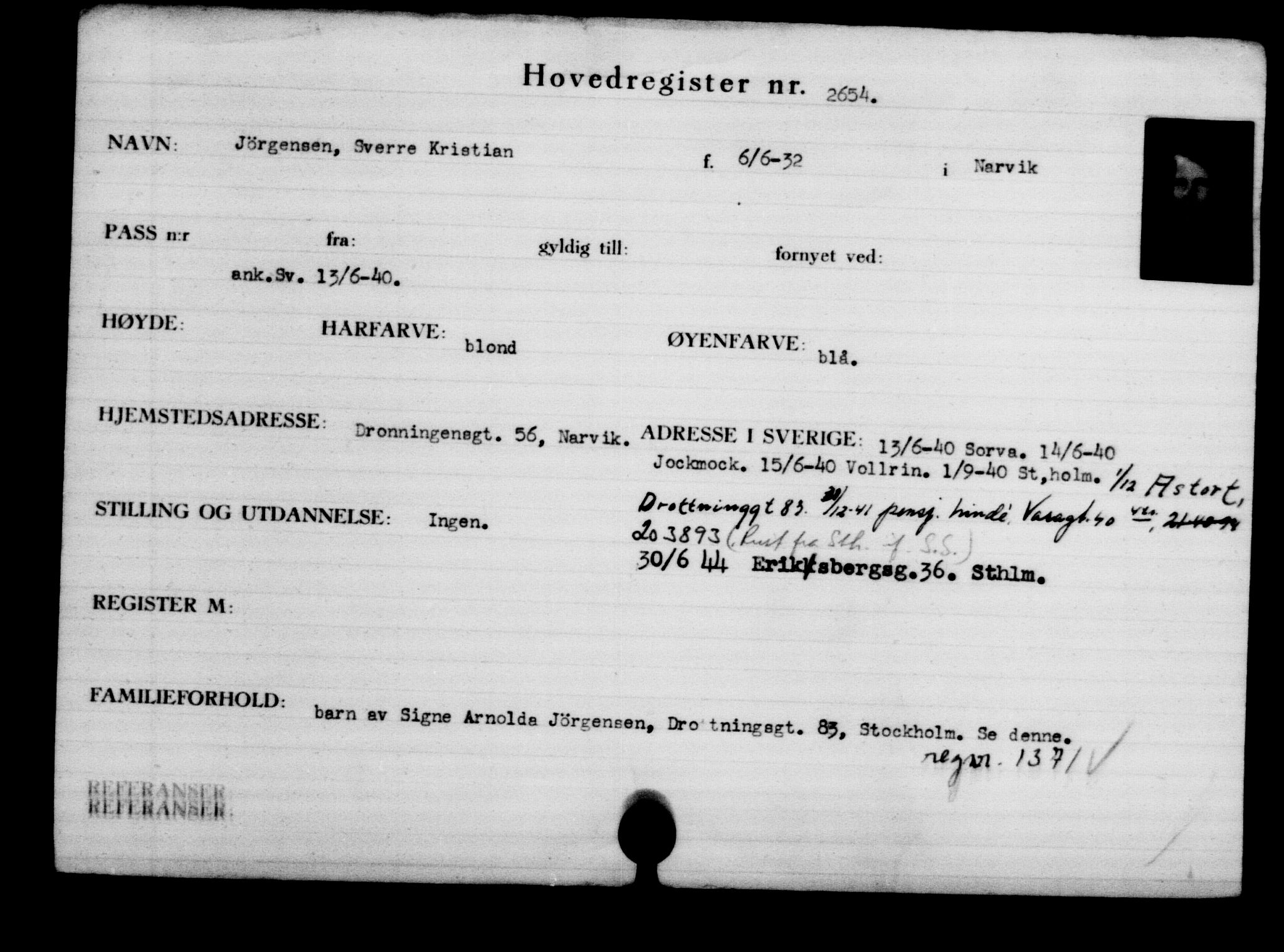 Den Kgl. Norske Legasjons Flyktningskontor, RA/S-6753/V/Va/L0003: Kjesäterkartoteket.  Flyktningenr. 2001-3495, 1940-1945, p. 1019