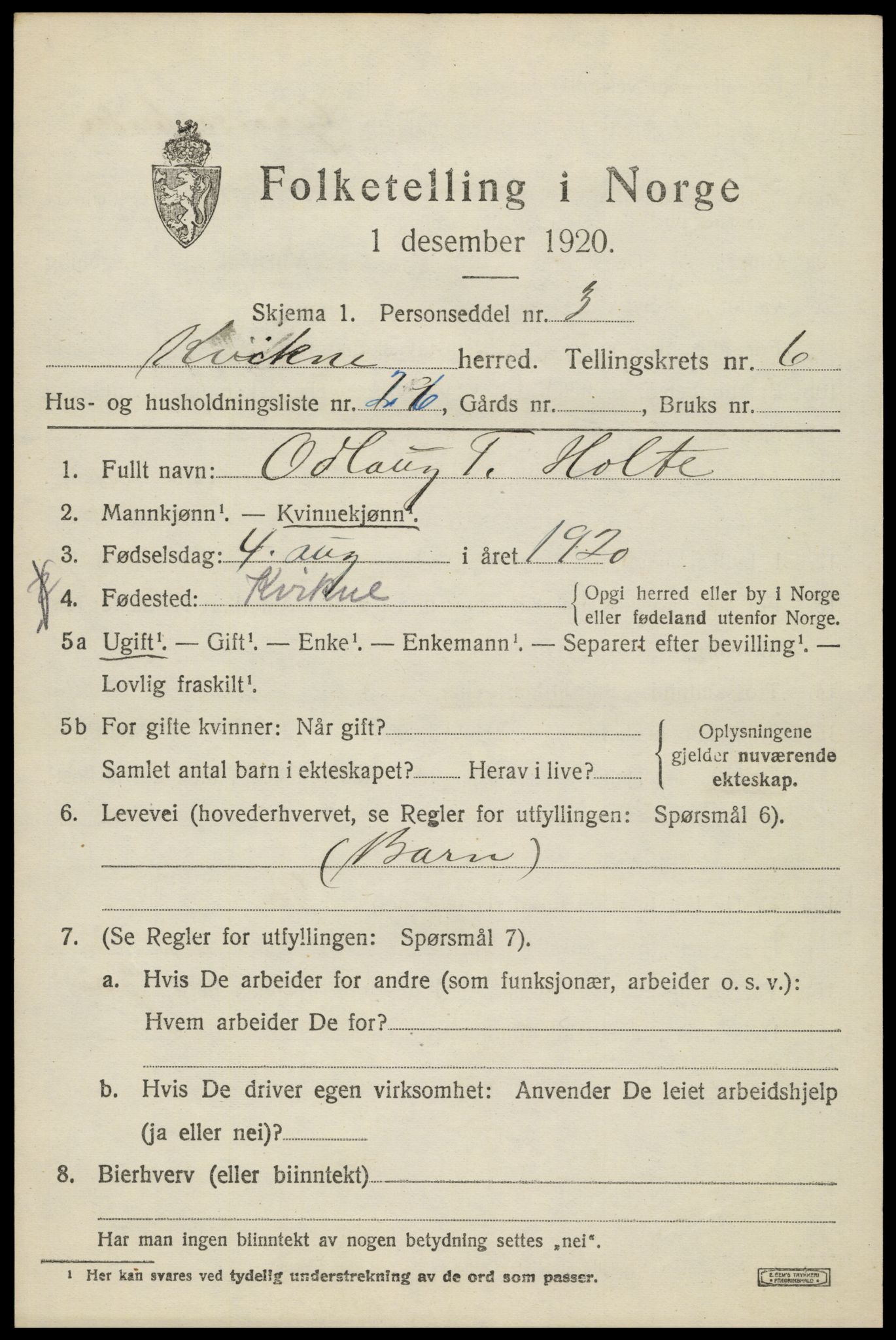 SAH, 1920 census for Kvikne, 1920, p. 2800