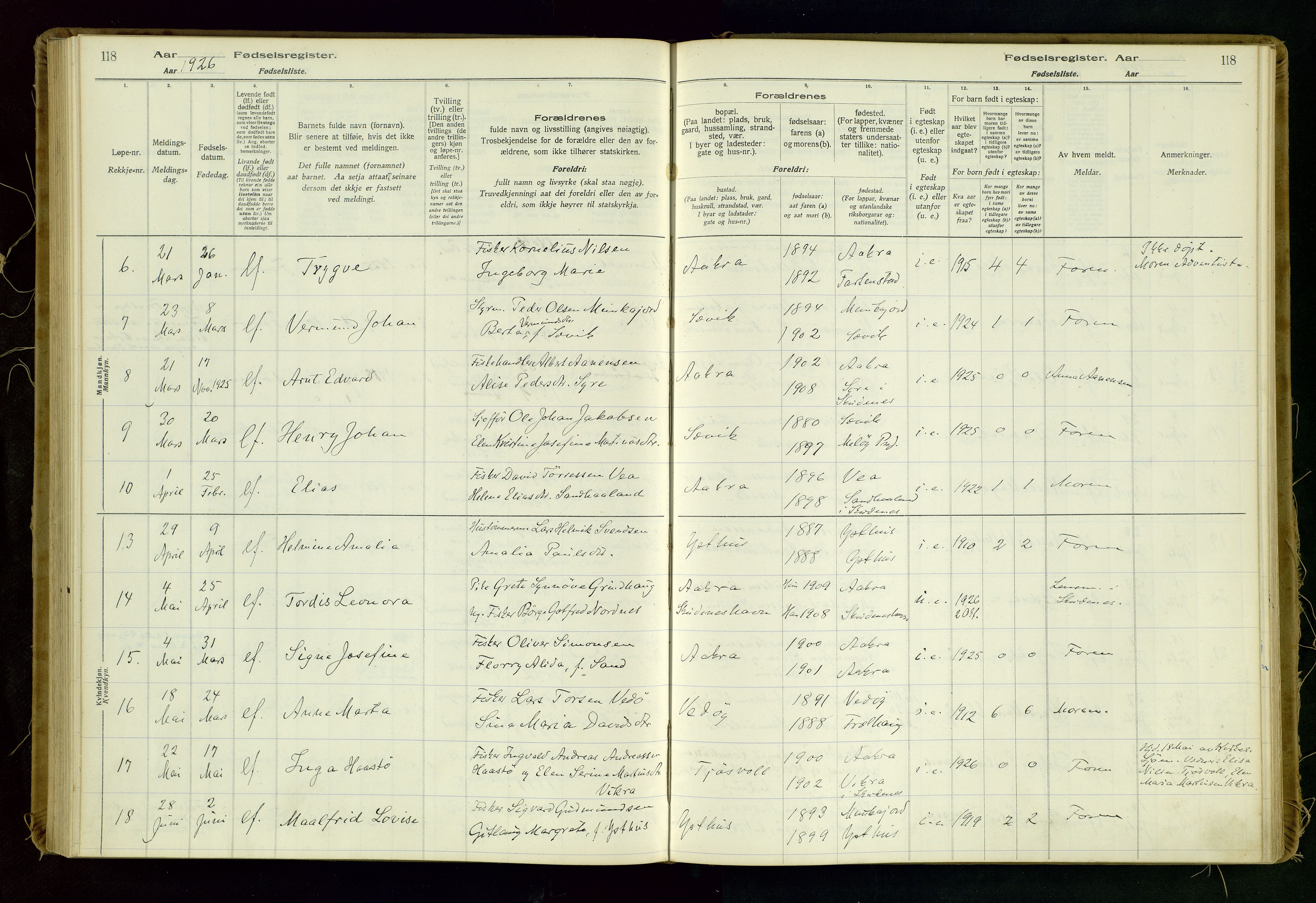 Kopervik sokneprestkontor, AV/SAST-A-101850/I/Id/L0006: Birth register no. 6, 1916-1934, p. 118